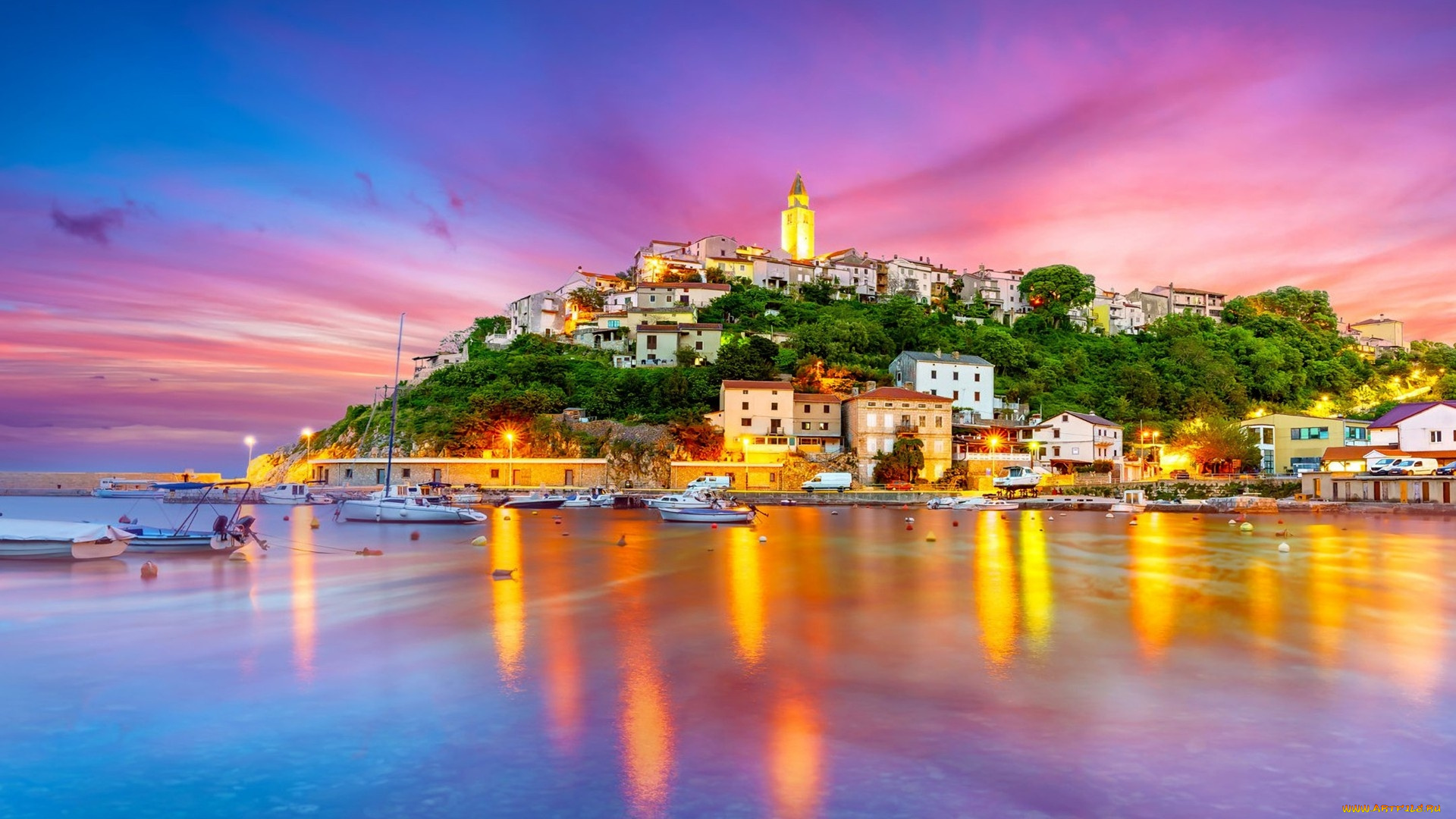 vrbnik, village, croatia, города, -, огни, ночного, города, vrbnik, village