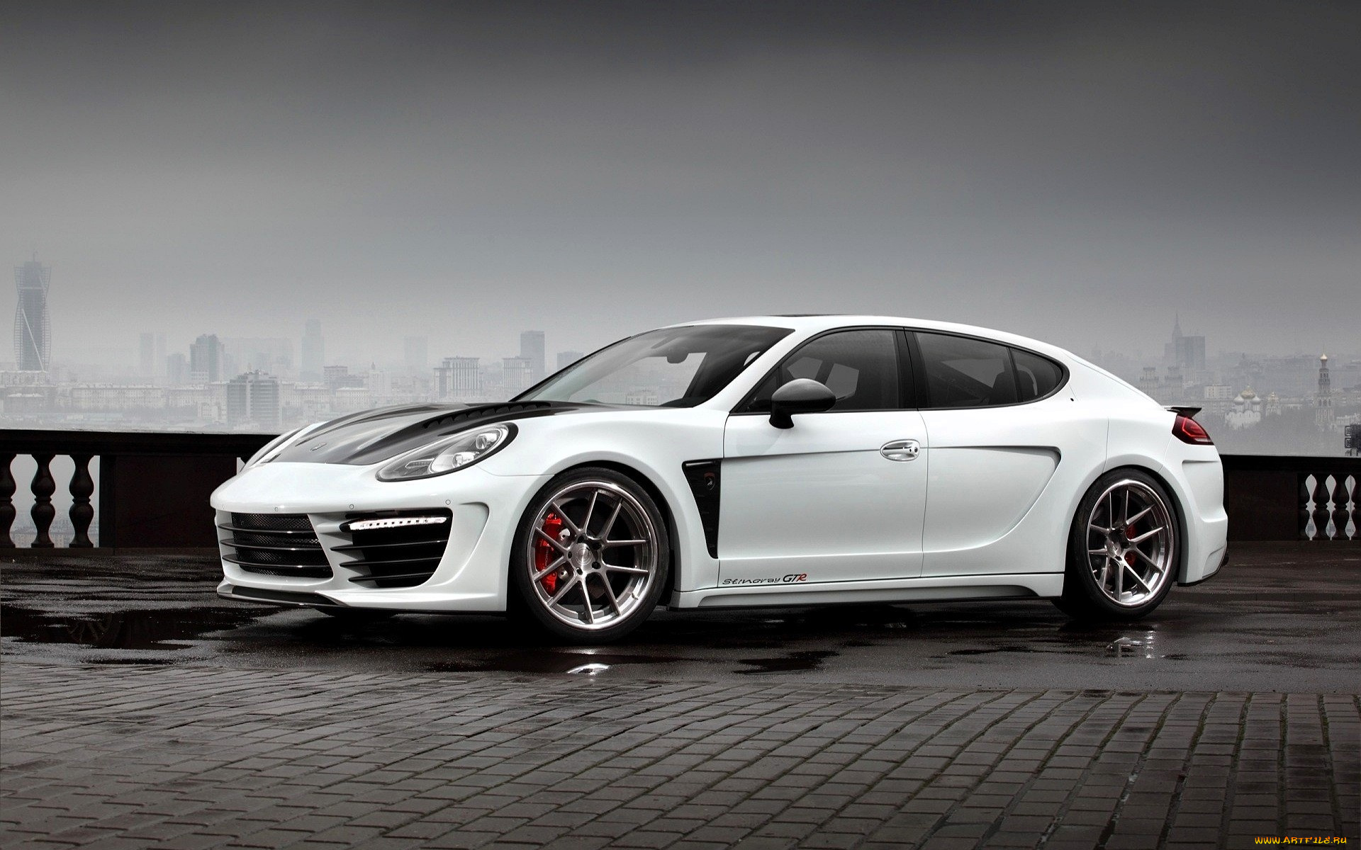 porsche, panamera, автомобили, porsche, белый, площадка, город, туман