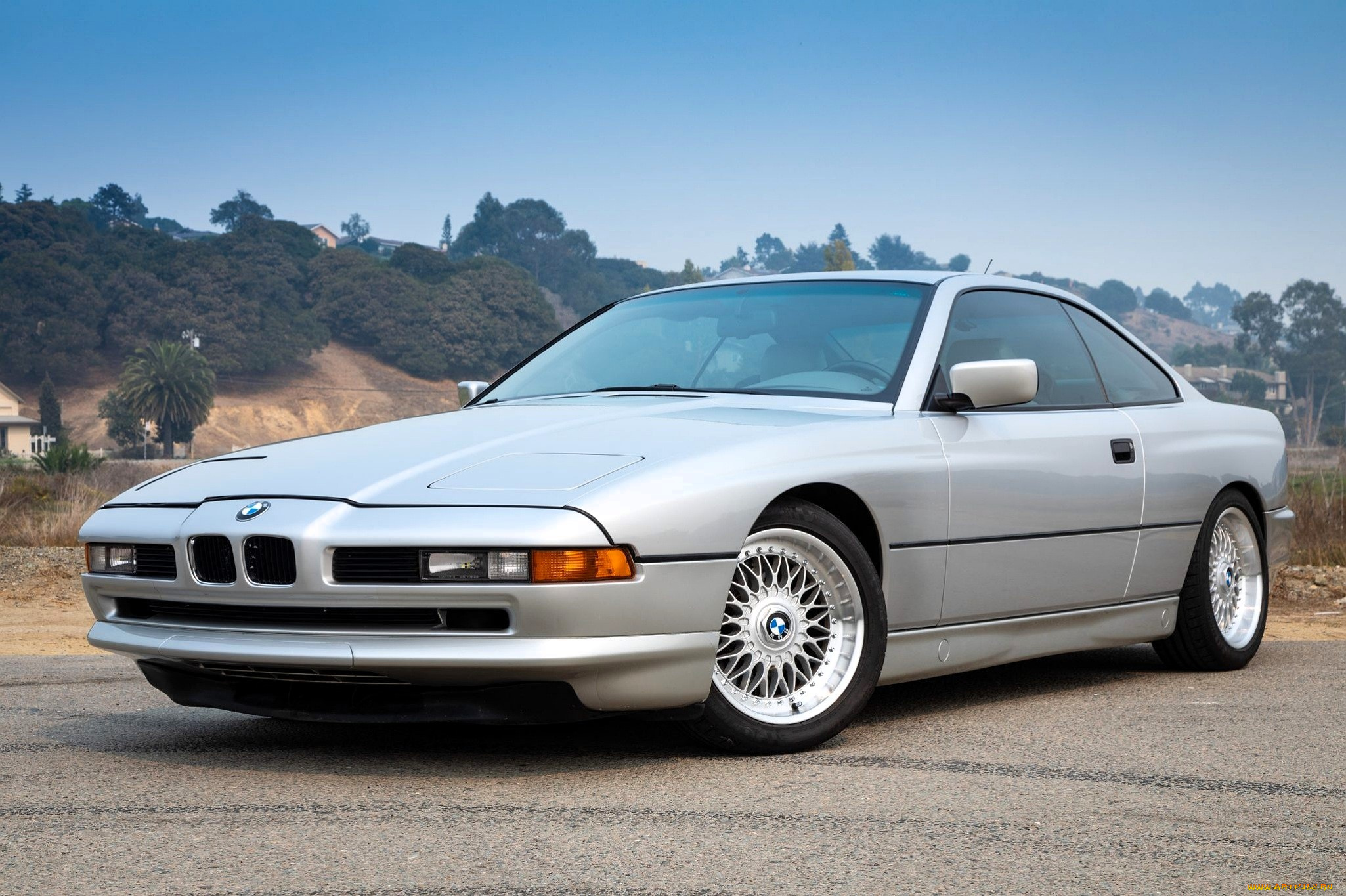 bmw, e31, автомобили, bmw, серебристый, площадка, склон, деревья