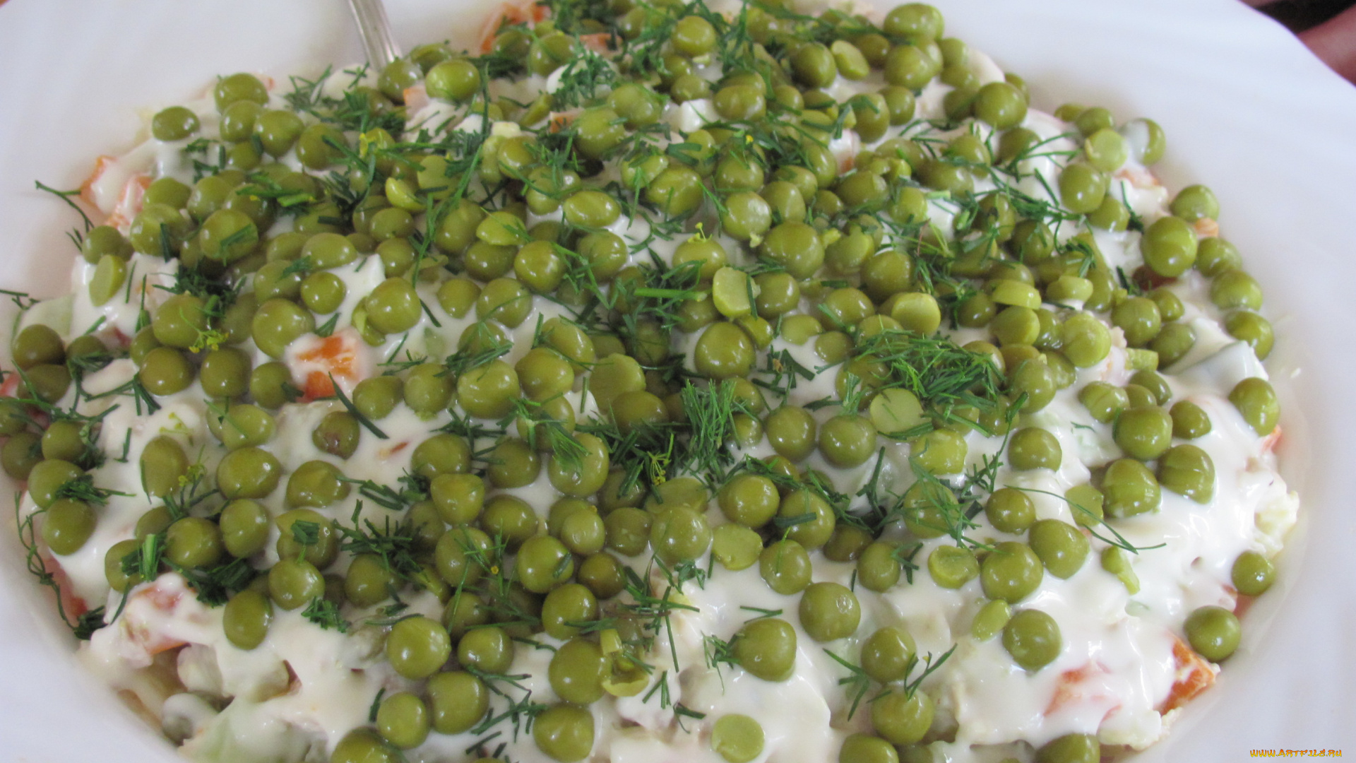 еда, салаты, закуски, блюдо, зеленый, горошек, ложка, майонез
