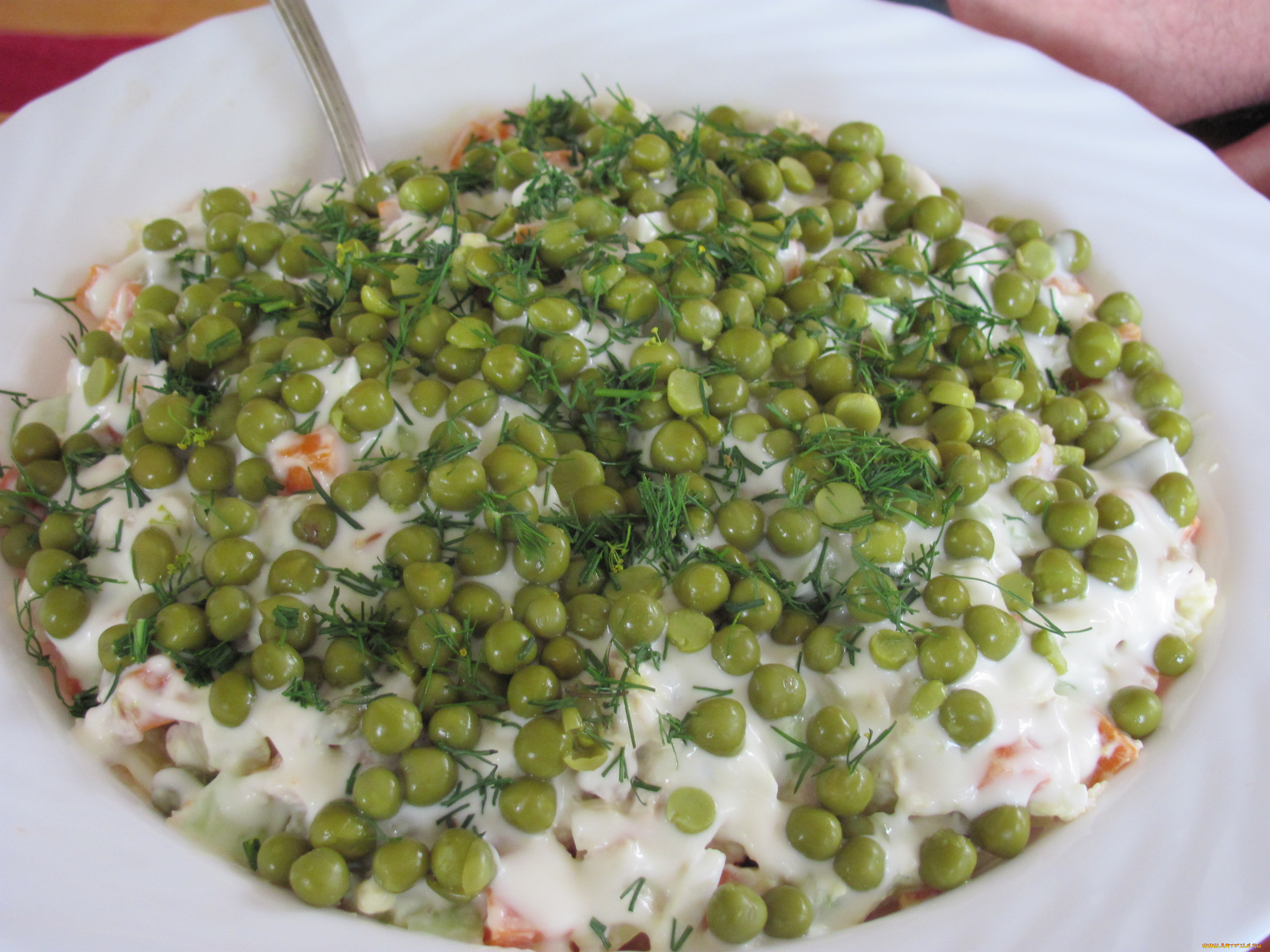 еда, салаты, закуски, блюдо, зеленый, горошек, ложка, майонез