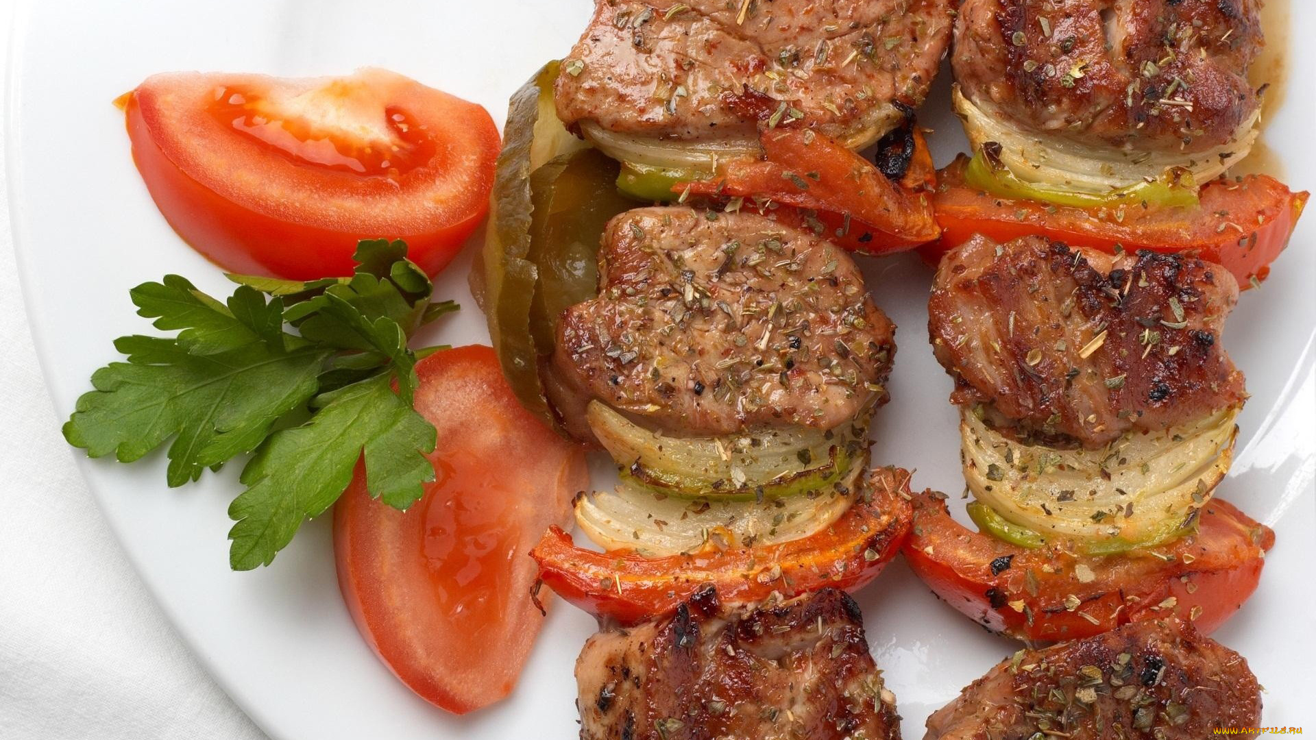 еда, мясные, блюда, мясо, петрушка, помидоры, томаты