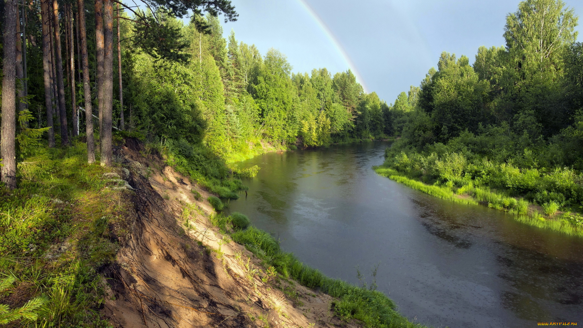 природа, реки, озера, река, лес, радуга, пейзаж