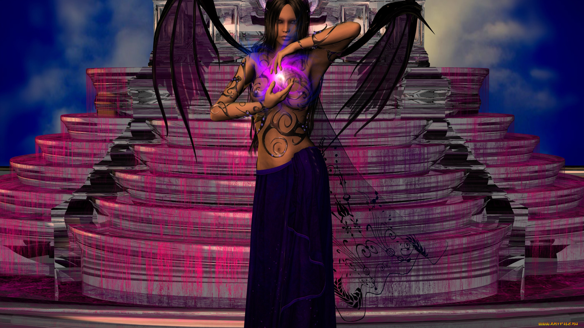 3д, графика, fantasy, фантазия, магия, крилья, девушка, фонтан