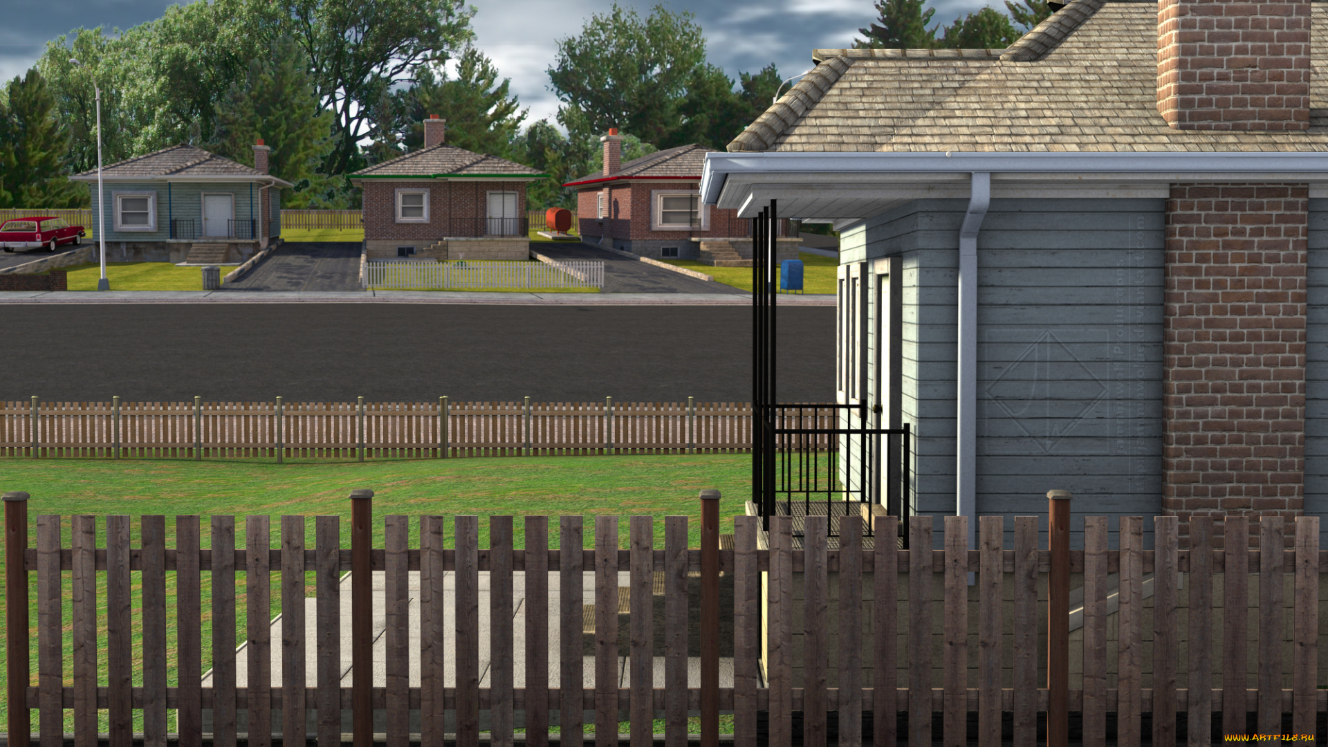 3д, графика, realism, реализм, деревья, забор, дома