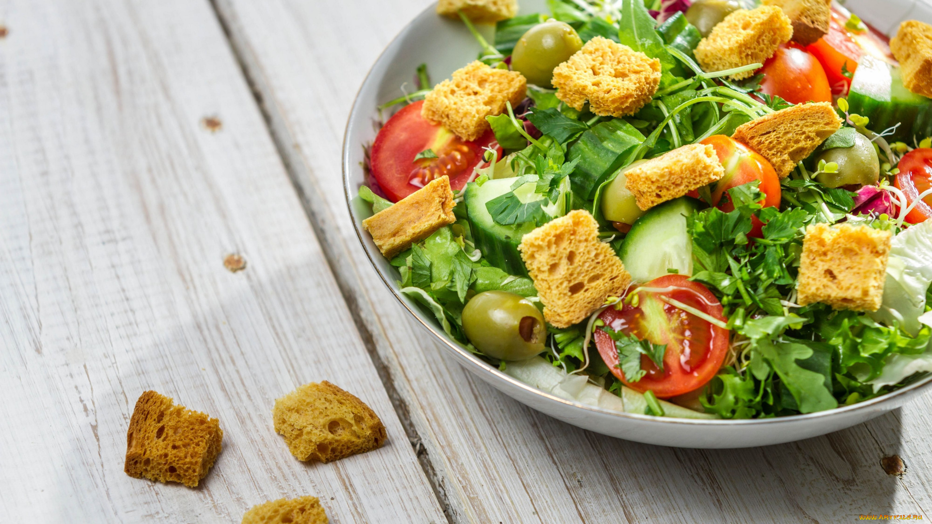 еда, салаты, закуски, салат, гренки, овощи