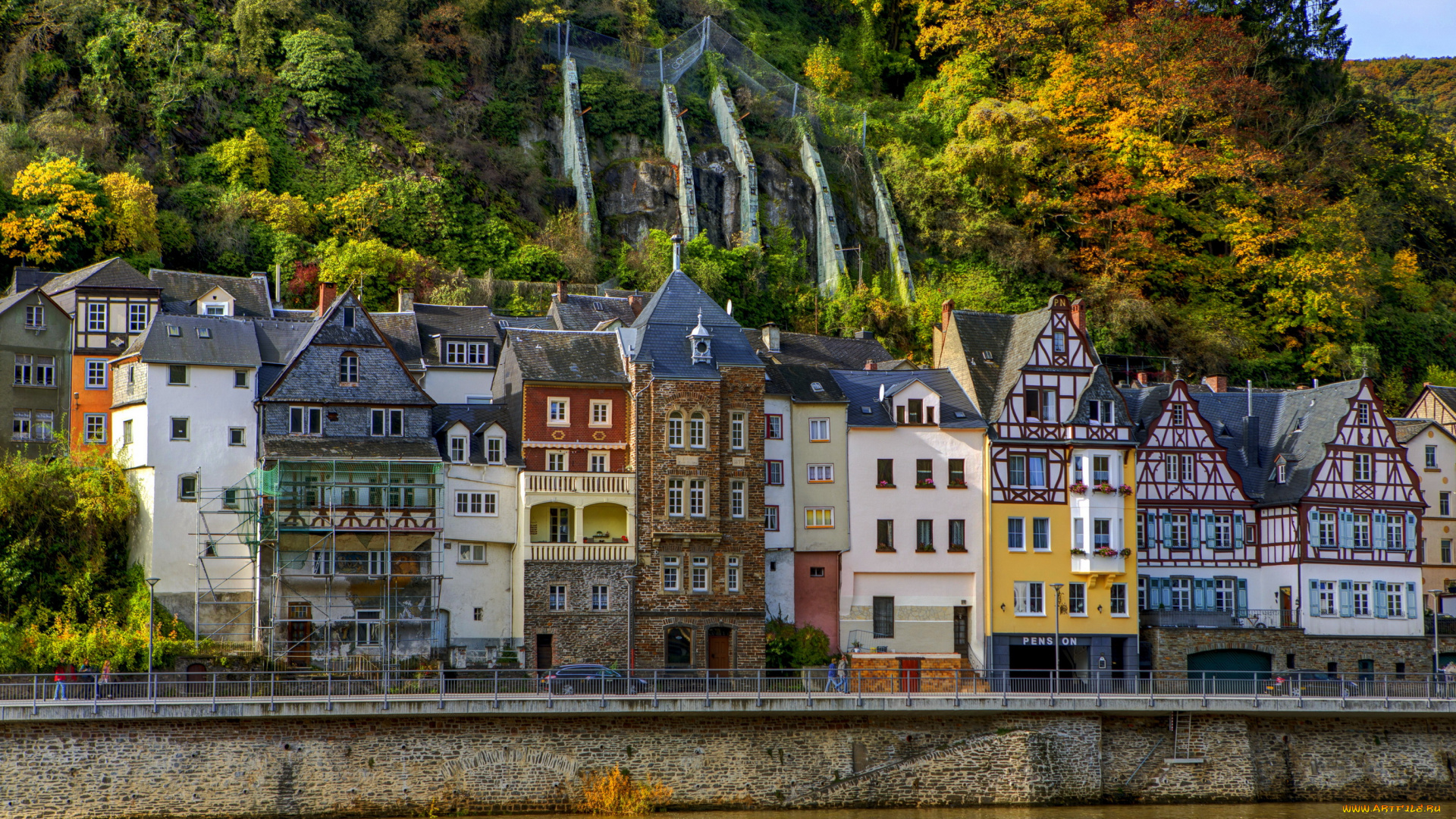 города, кохем, германия, горы, река, дома