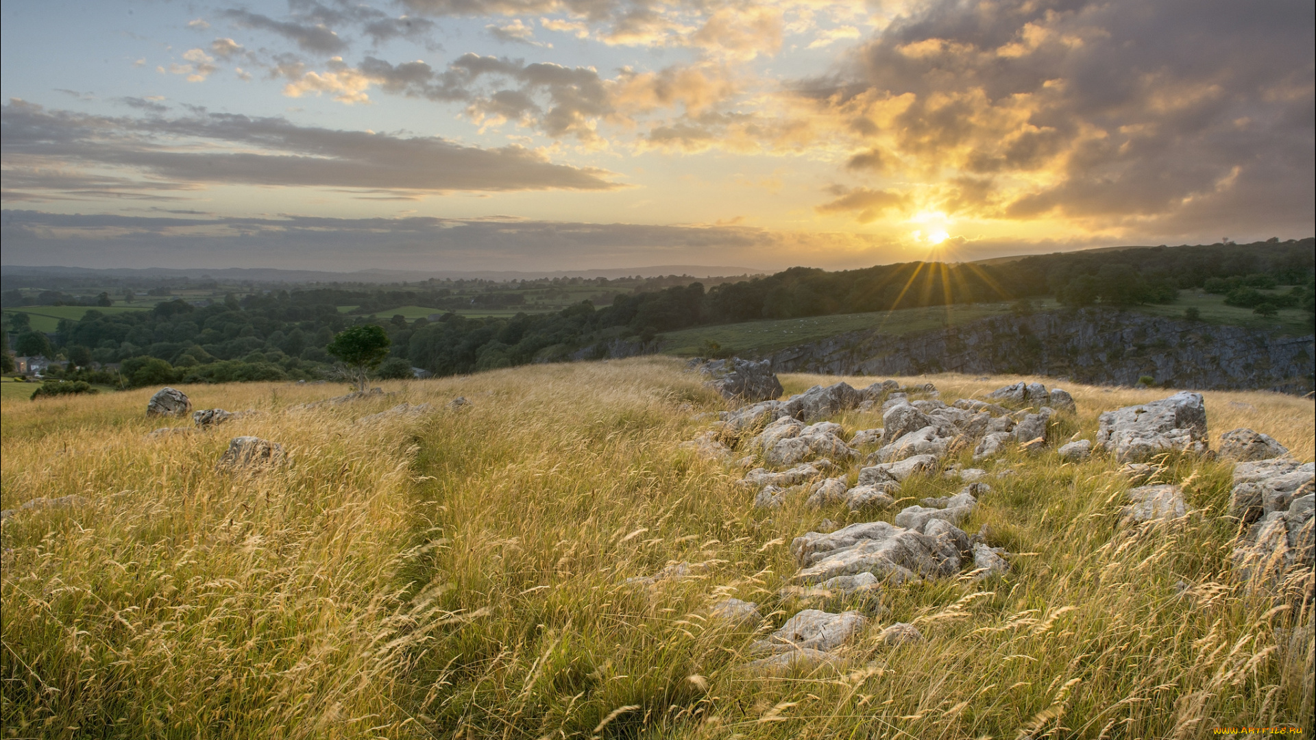 ingleton, england, природа, восходы, закаты, англия, трава, камни, закат, пейзаж