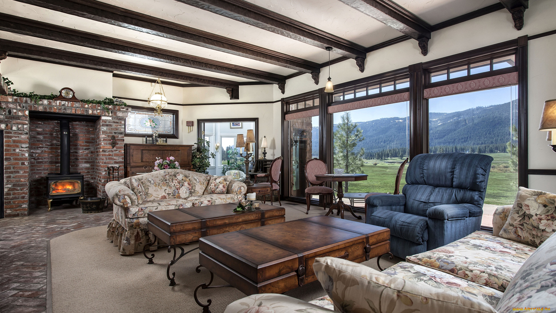 интерьер, гостиная, столы, кресло, диваны