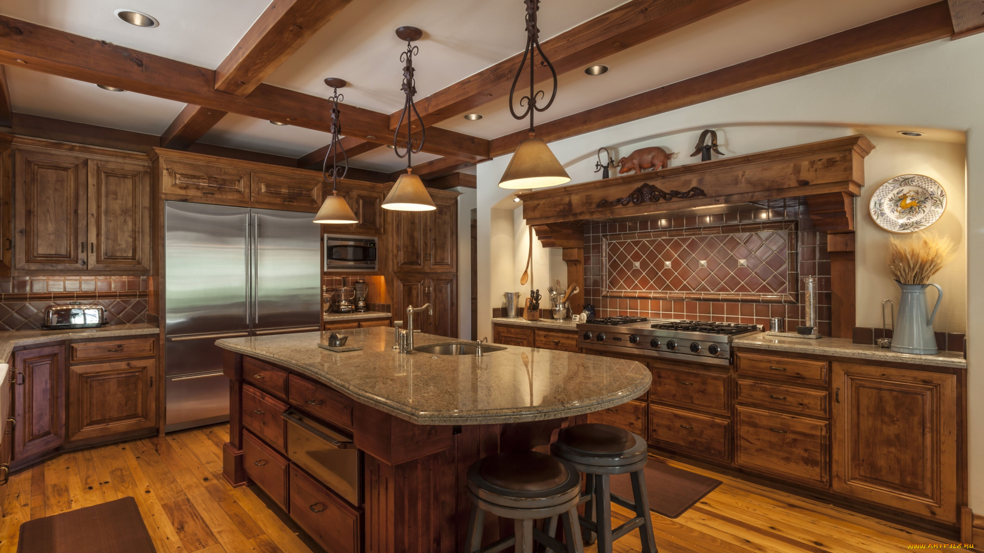 интерьер, кухня, дерево, плита, стол, мебель