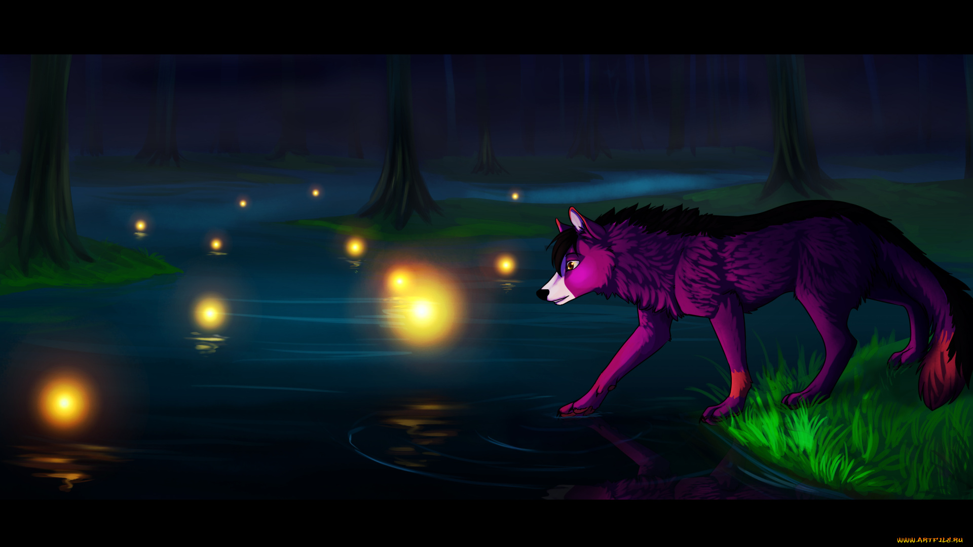 рисованные, животные, сказочные, мифические, река, волк, огоньки, ночь
