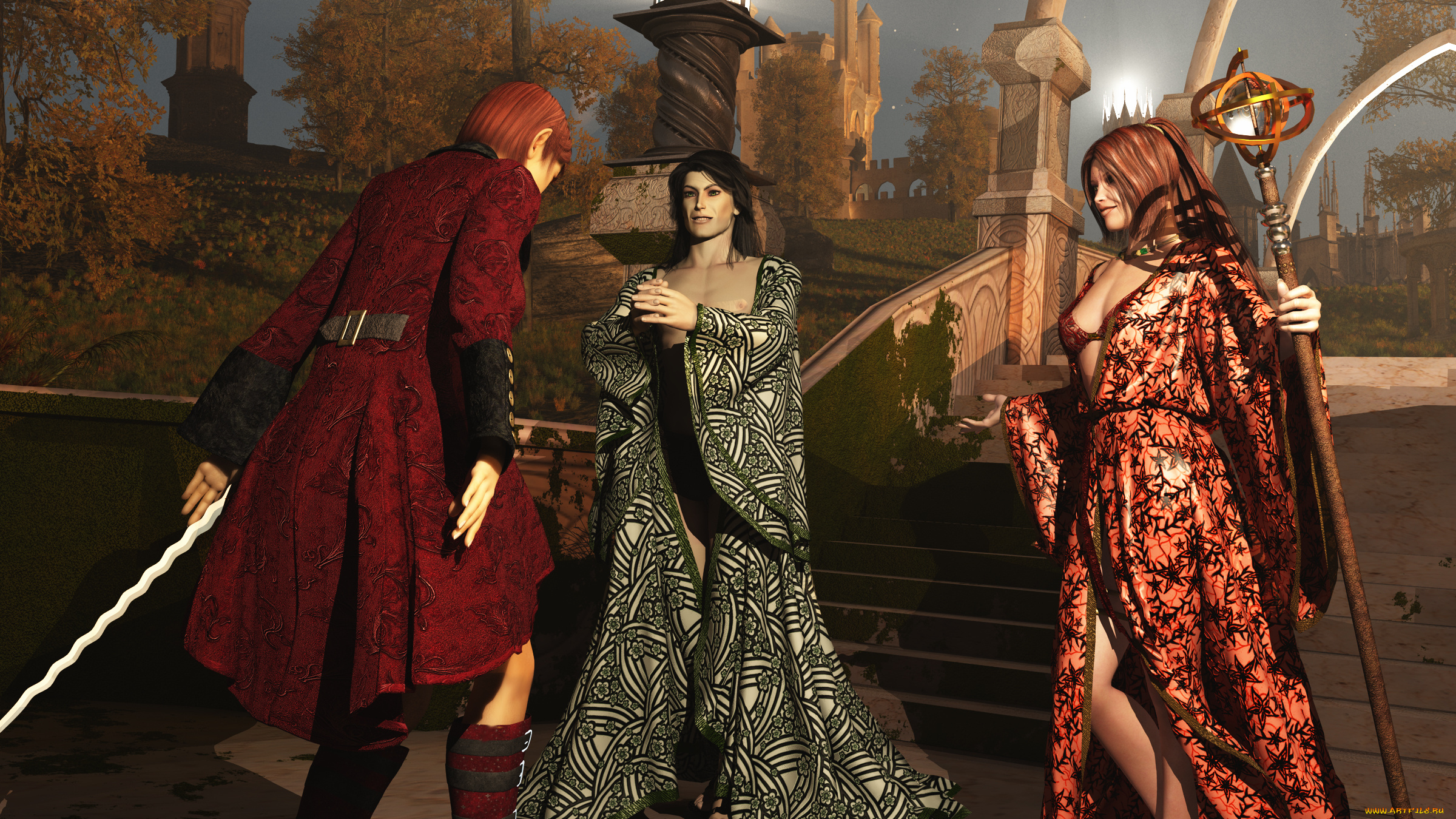 3д, графика, fantasy, фантазия, мужчина, жезл, замок, девушки