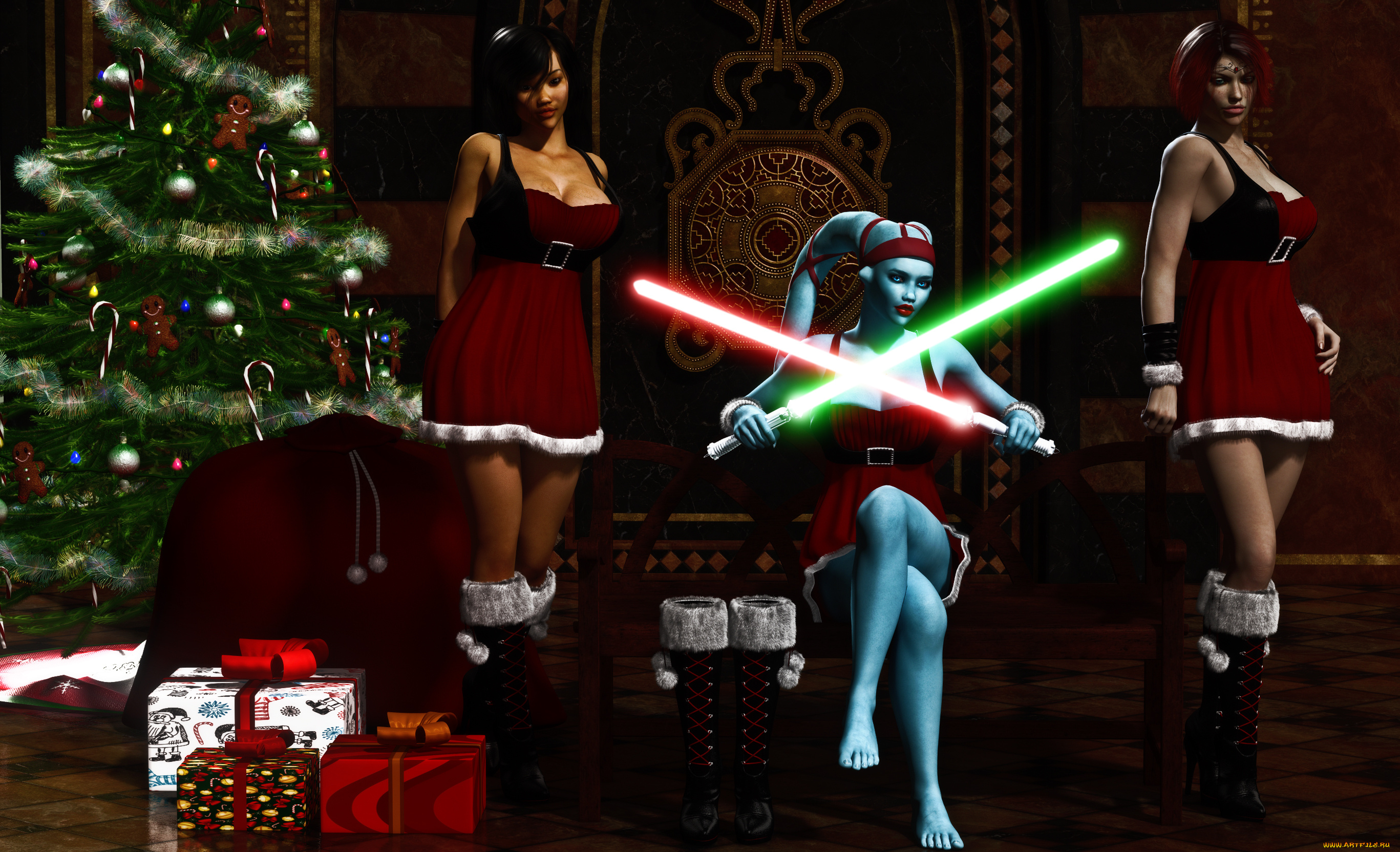 3д, графика, fantasy, фантазия, девушки, елка, подарки