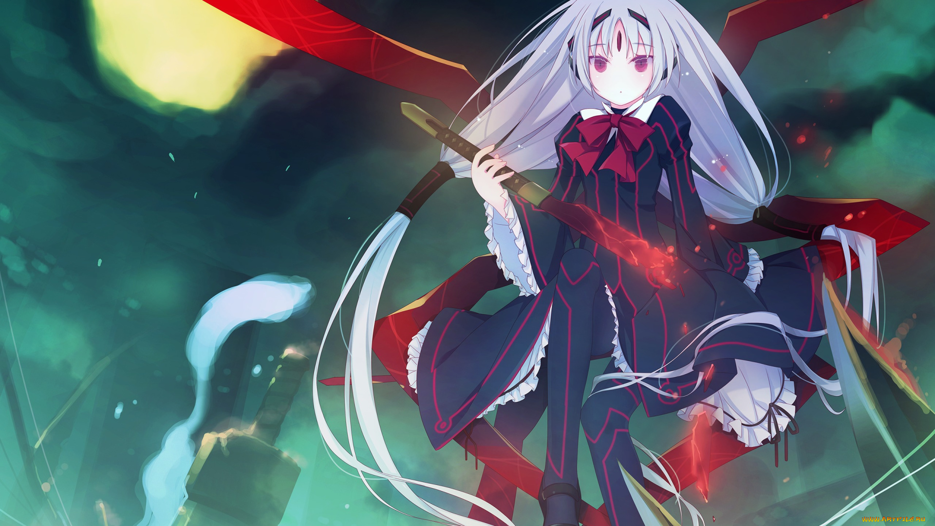 аниме, -halloween, &, magic, french-bread, under, night, in-birth, луна, ночь, ленточка, магия, оружие, удивление, взгляд, vatista, art, девушка