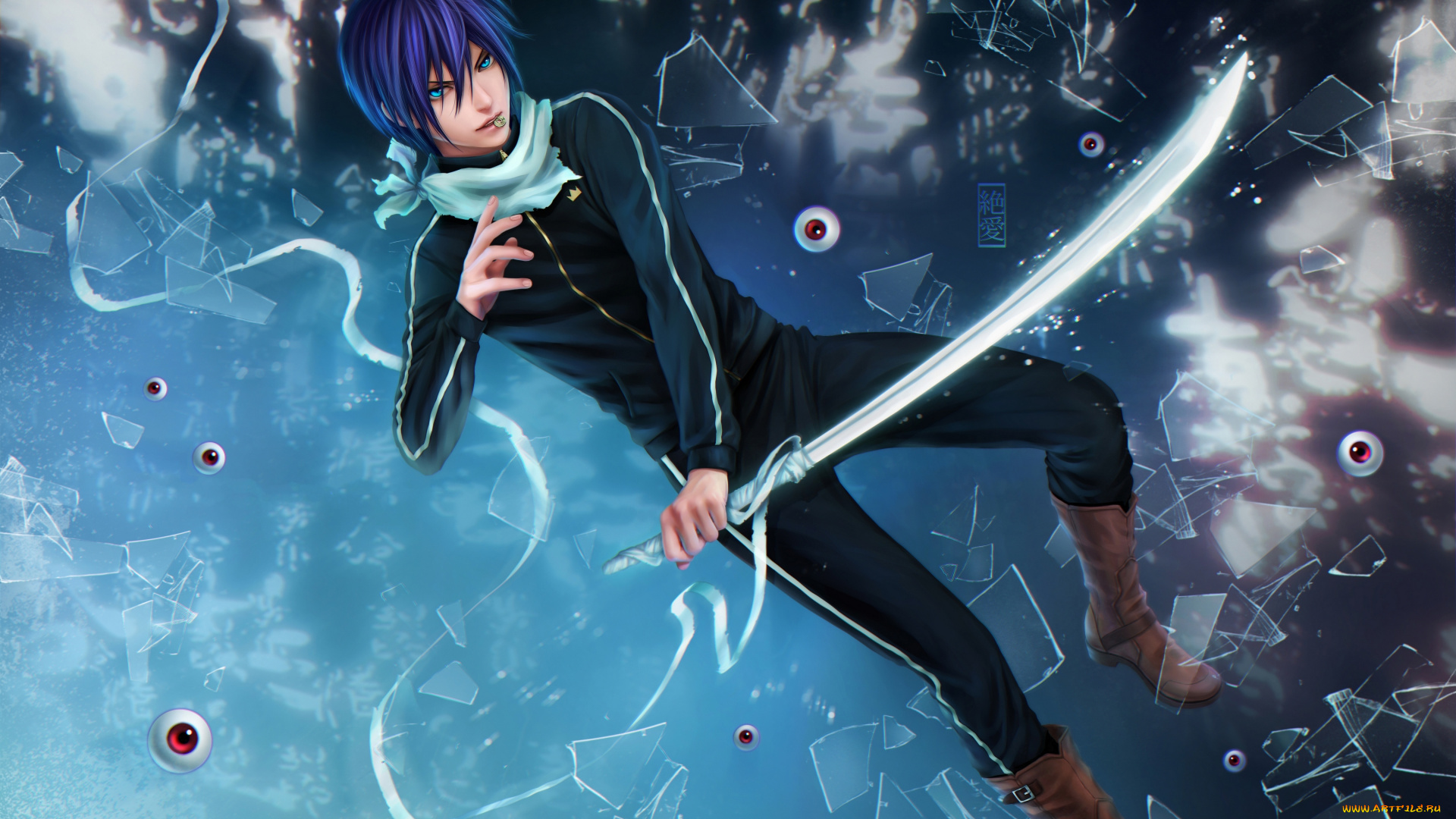 аниме, -weapon, , blood, &, technology, noragami, лента, глаза, осколки, взгляд, оружие, катана, монета, yato, парень, zetsuai89, art