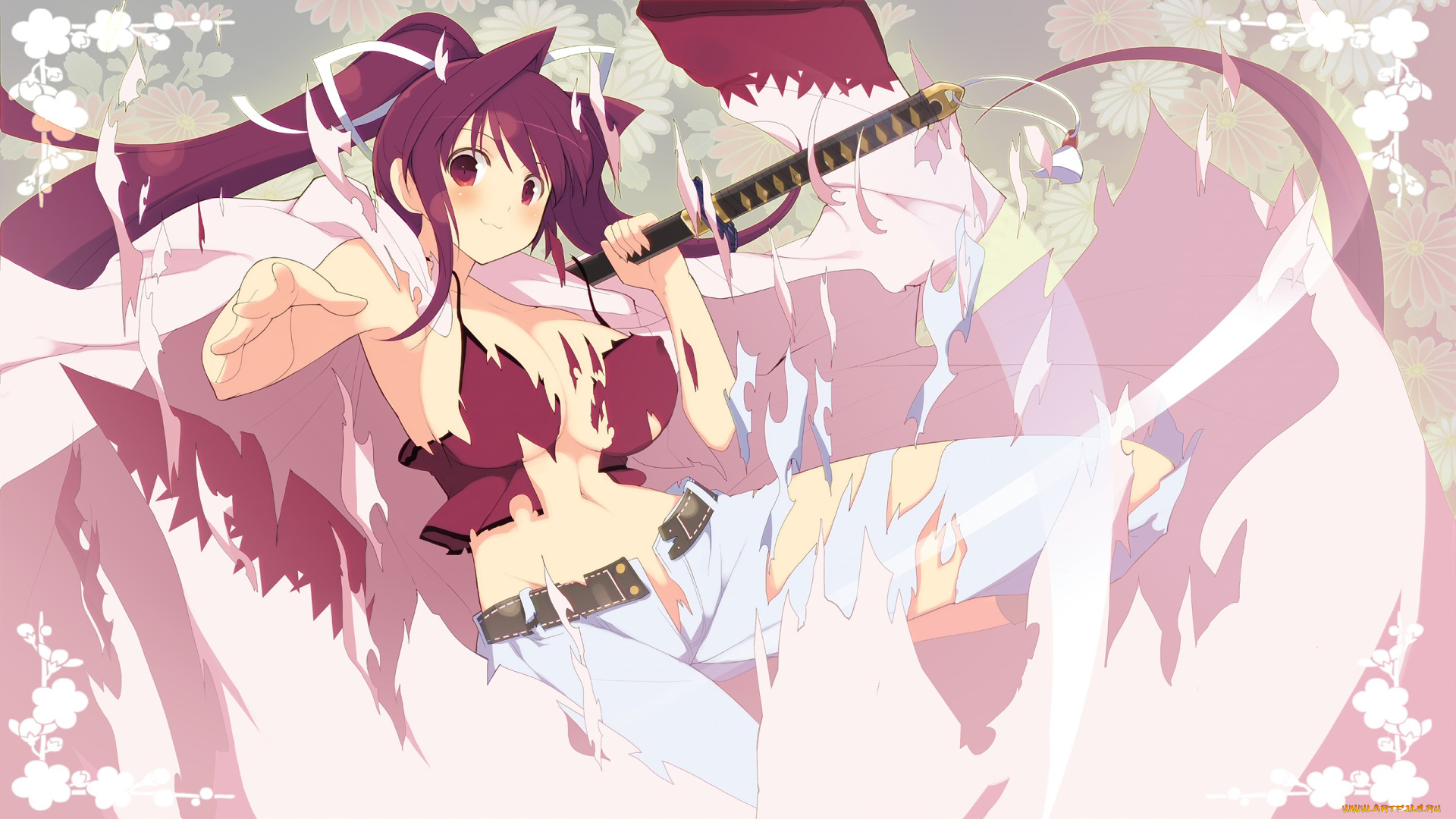 аниме, -weapon, , blood, &, technology, yuzuriha, взгляд, улыбка, грудь, оружие, катана, french-bread, under, night, in-birth, девушка, yaegashi, nan, art