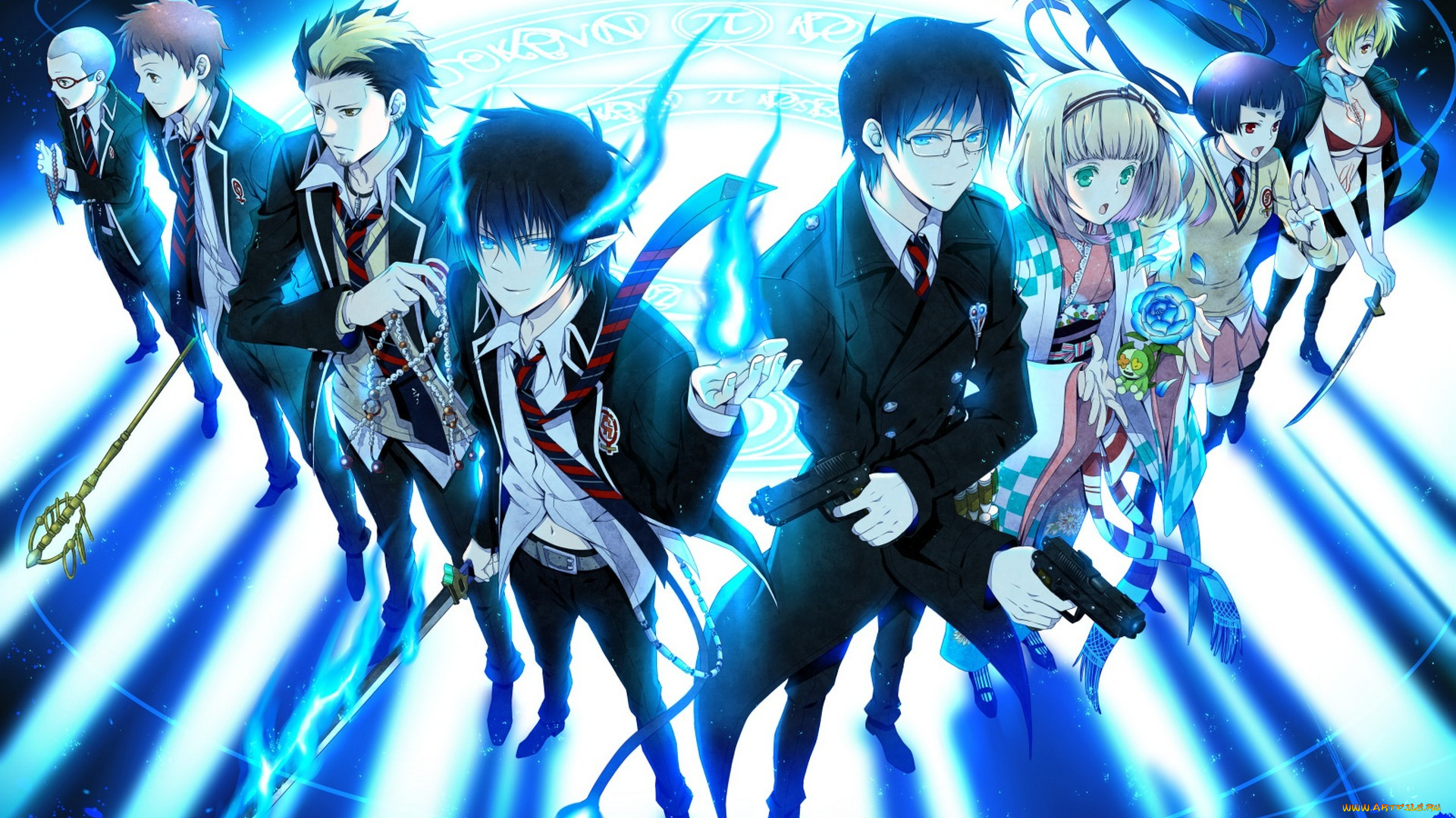 аниме, ao, no, exorcist, yukioka, арт, yuuno, shiemi, moriyama, демон, okumura, rin, синий, экзорцист, yukio, оружие, shima, renzou, suguro, ryuji, miwa, konekomaru, kirigakure, shura, рога, катана, девушки, kamiki, парни, ao, no, exorcist