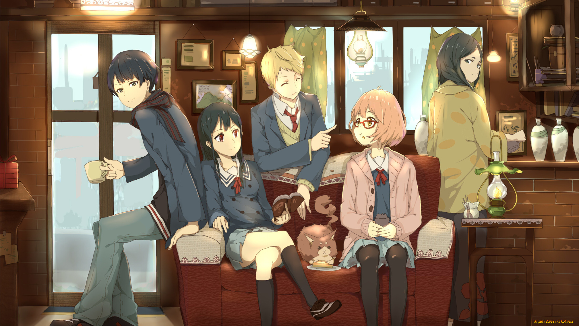 аниме, touhou, чашки, парни, gensou, kuro, usagi, арт, вазы, кот, девушки, shindou, ayaka, светильники, kuriyama, mirai, kanbara, akihito, kyoukai, no, kanata, nase, mitsuki, торт, hiroomi