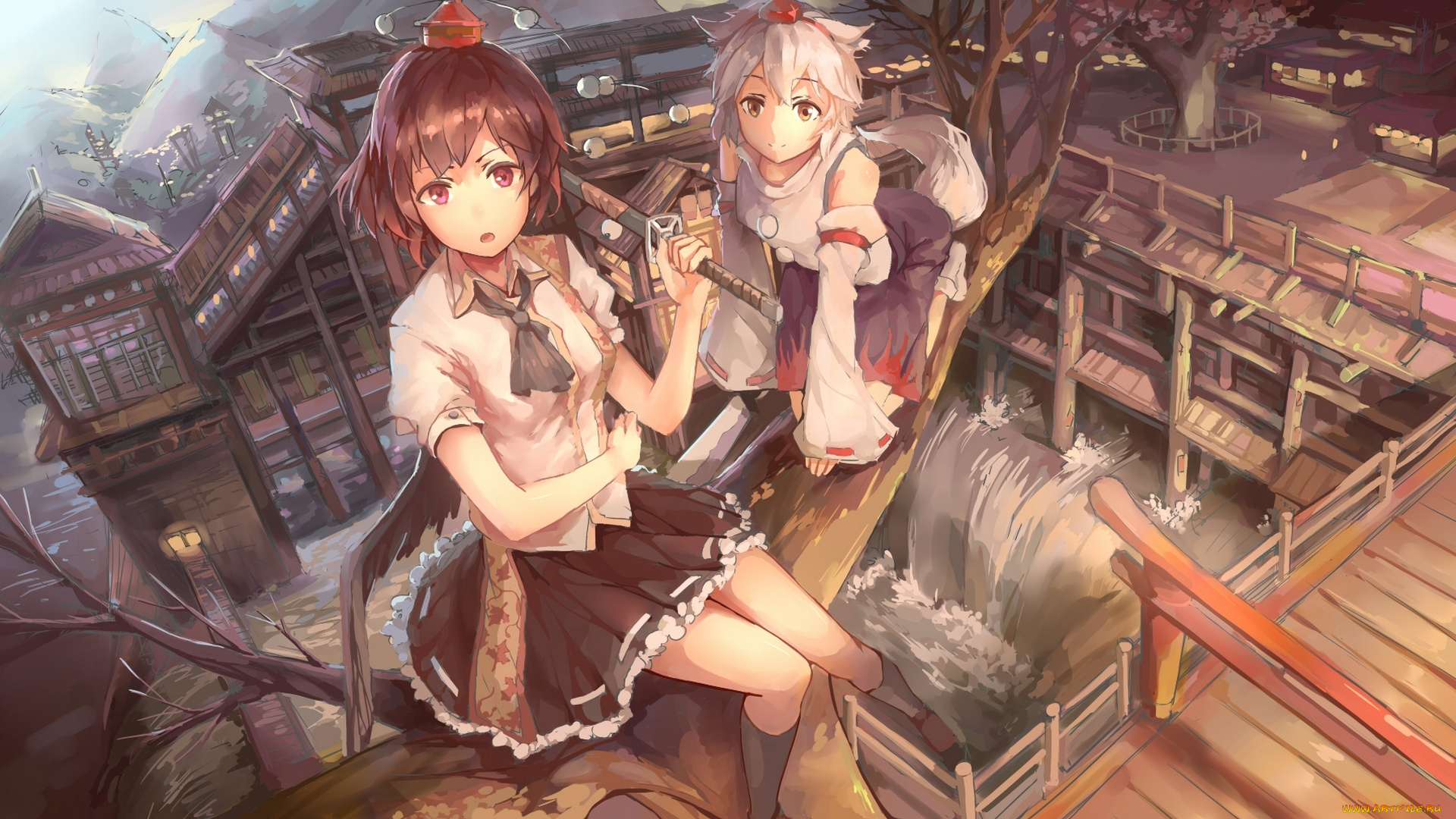 аниме, touhou, дома, shameimaru, aya, дерево, хвост, девушки, inubashiri, momiji, gensou, kuro, usagi, арт