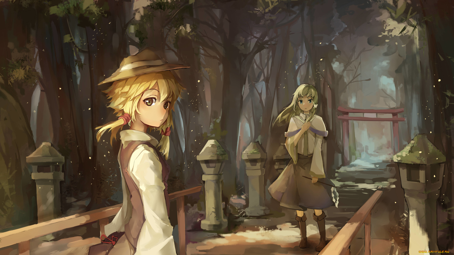 аниме, touhou, gensou, kuro, usagi, арт, деревья, природа, девушки, moriya, suwako, kochiya, sanae