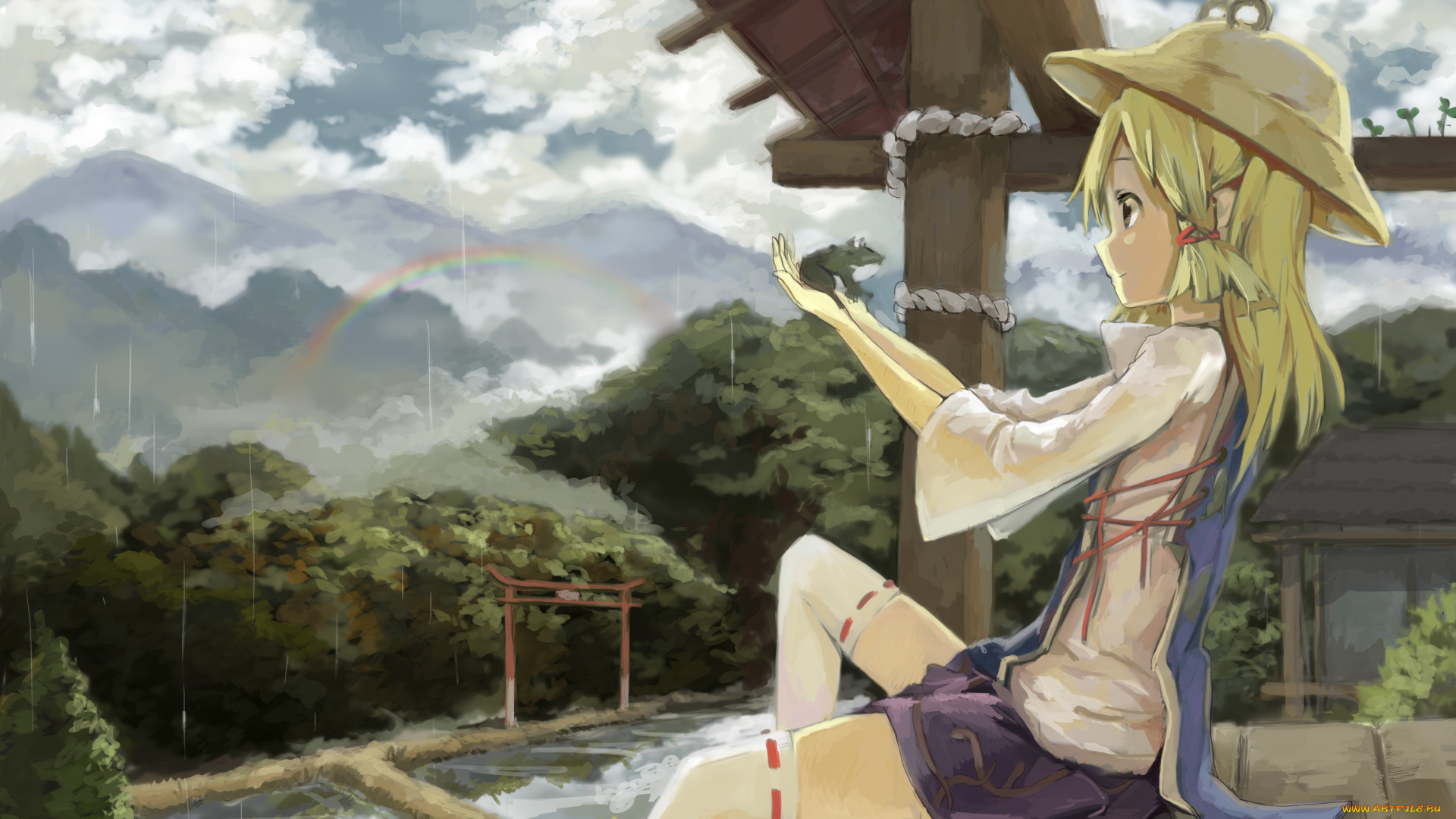 аниме, touhou, лягушка, gensou, kuro, usagi, арт, дождь, деревья, природа, шляпа, дом, девушка, moriya, suwako, радуга