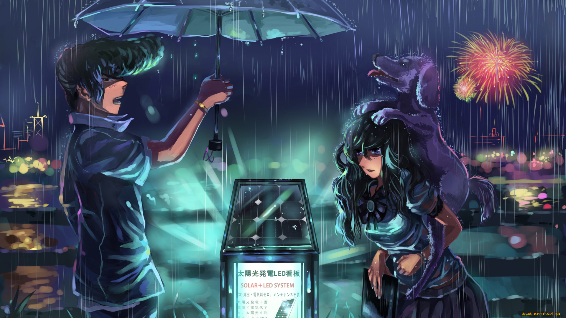 аниме, touhou, трава, дождь, девушка, парень, ryuusei, seinen, арт, фейерверк, цветы, собака, зонт