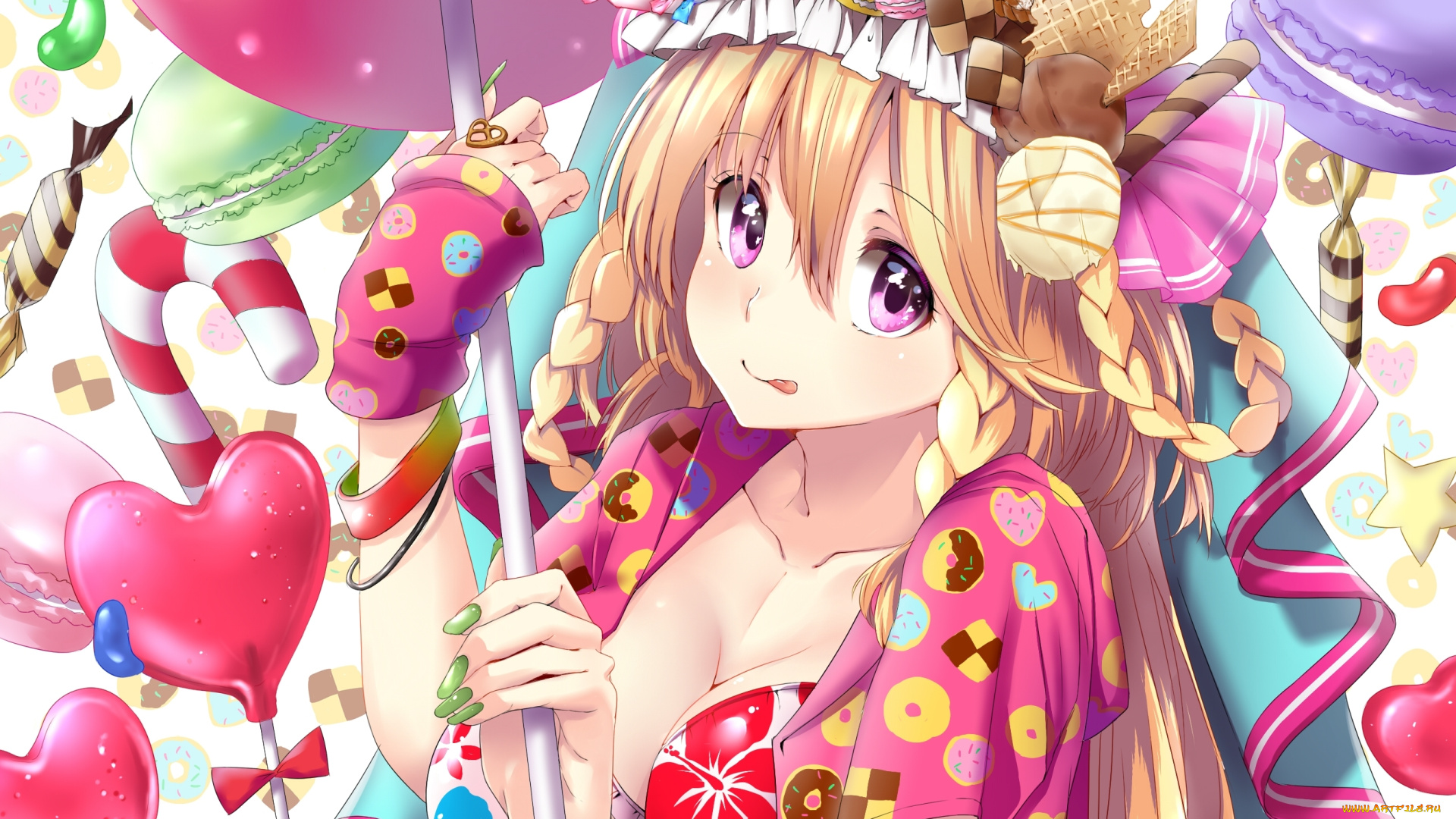 аниме, *unknown, , другое, сладости, девушка, грудь, язык, улыбка, inami, haruka, art, взгляд