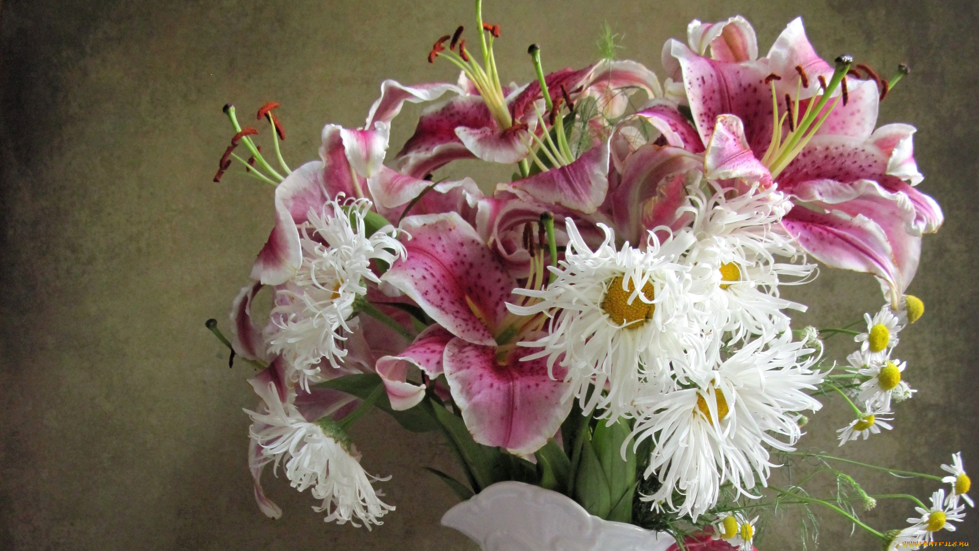 цветы, разные, вместе, лилии, ромашки