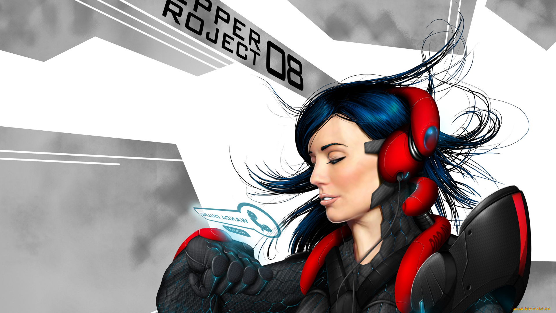 фэнтези, девушки, интерфейс, волосы, костюм, провода, наушники, девушка, pepper, project, арт