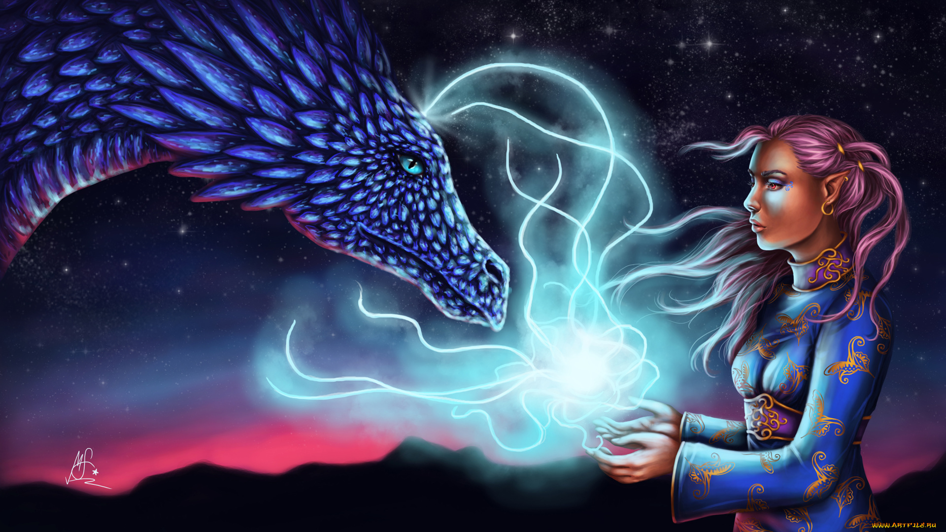 фэнтези, красавицы, и, чудовища, дракон, эльфийка, ушки, магия, руки, арт, девушка