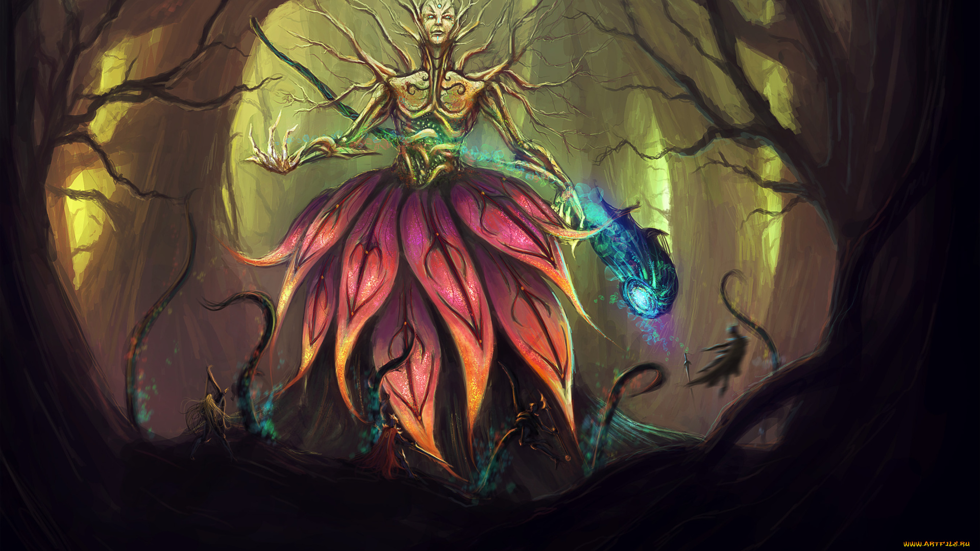 фэнтези, существа, существо, лес, лепестки, магия, деревья