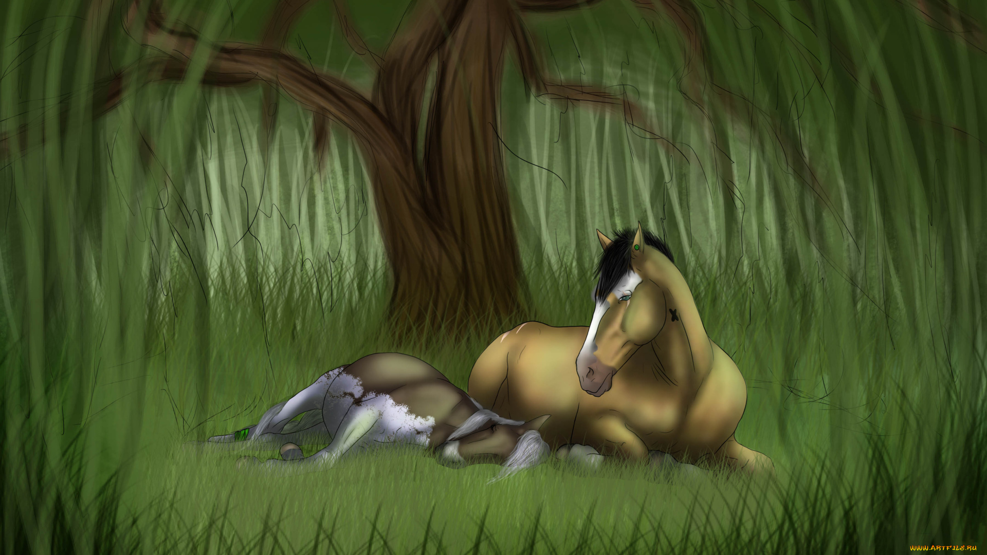 рисованные, животные, , лошади, лес, лошадь