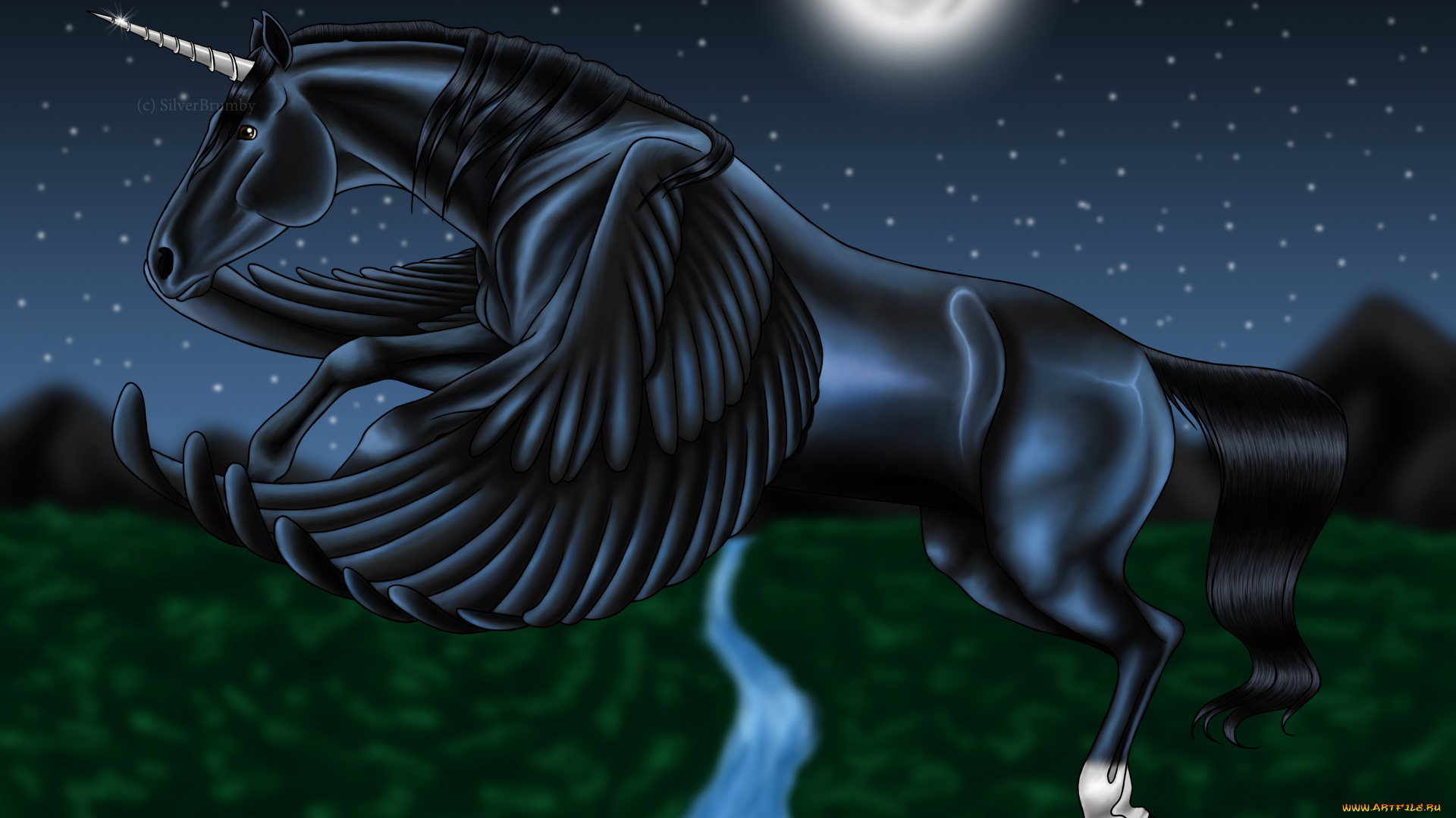 рисованные, животные, , сказочные, , мифические, луна, ночь, пегас