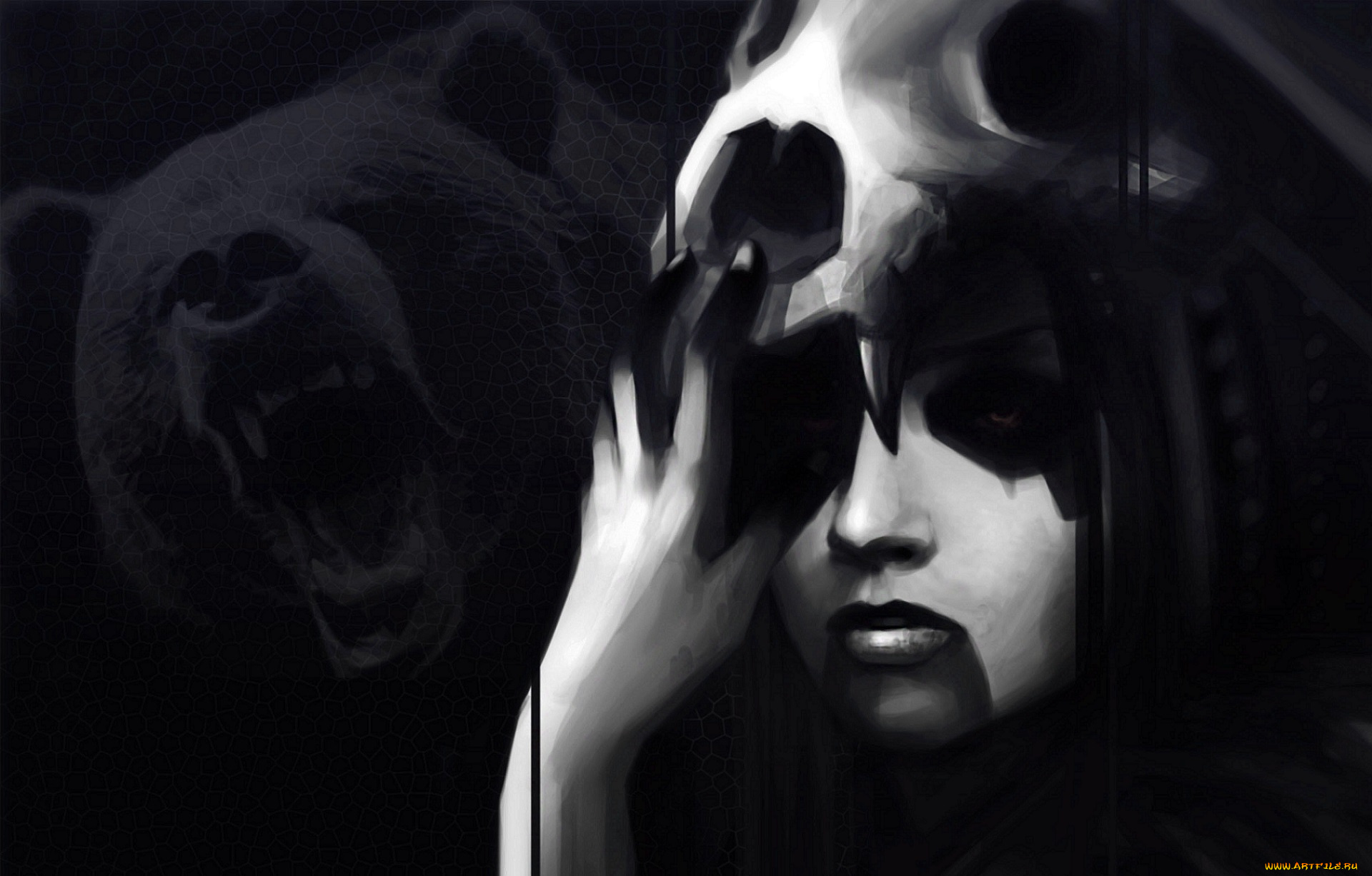 фэнтези, красавицы, и, чудовища, девушка, череп, медведь