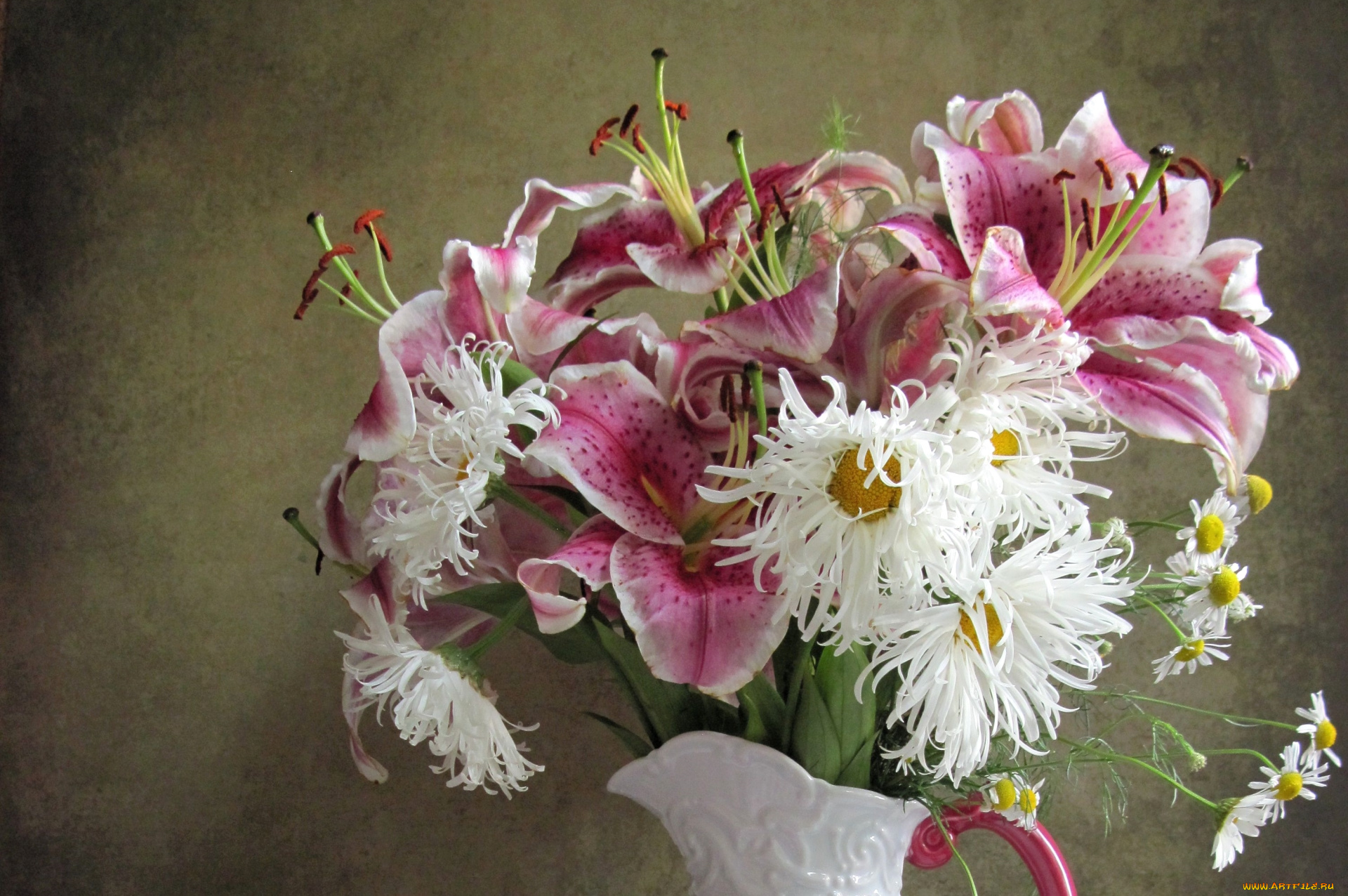 цветы, разные, вместе, лилии, ромашки