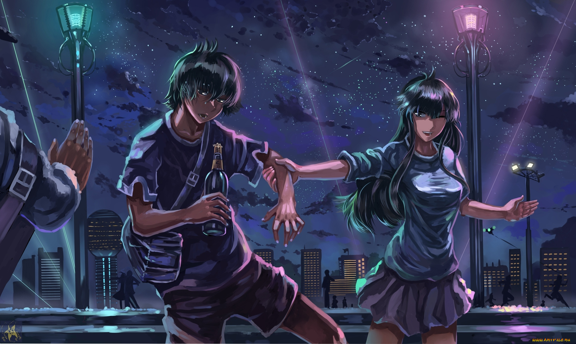 аниме, touhou, девушка, ryuusei, seinen, дома, город, люди, небо, звезды, бутылка, фонари, ночь, парень, арт