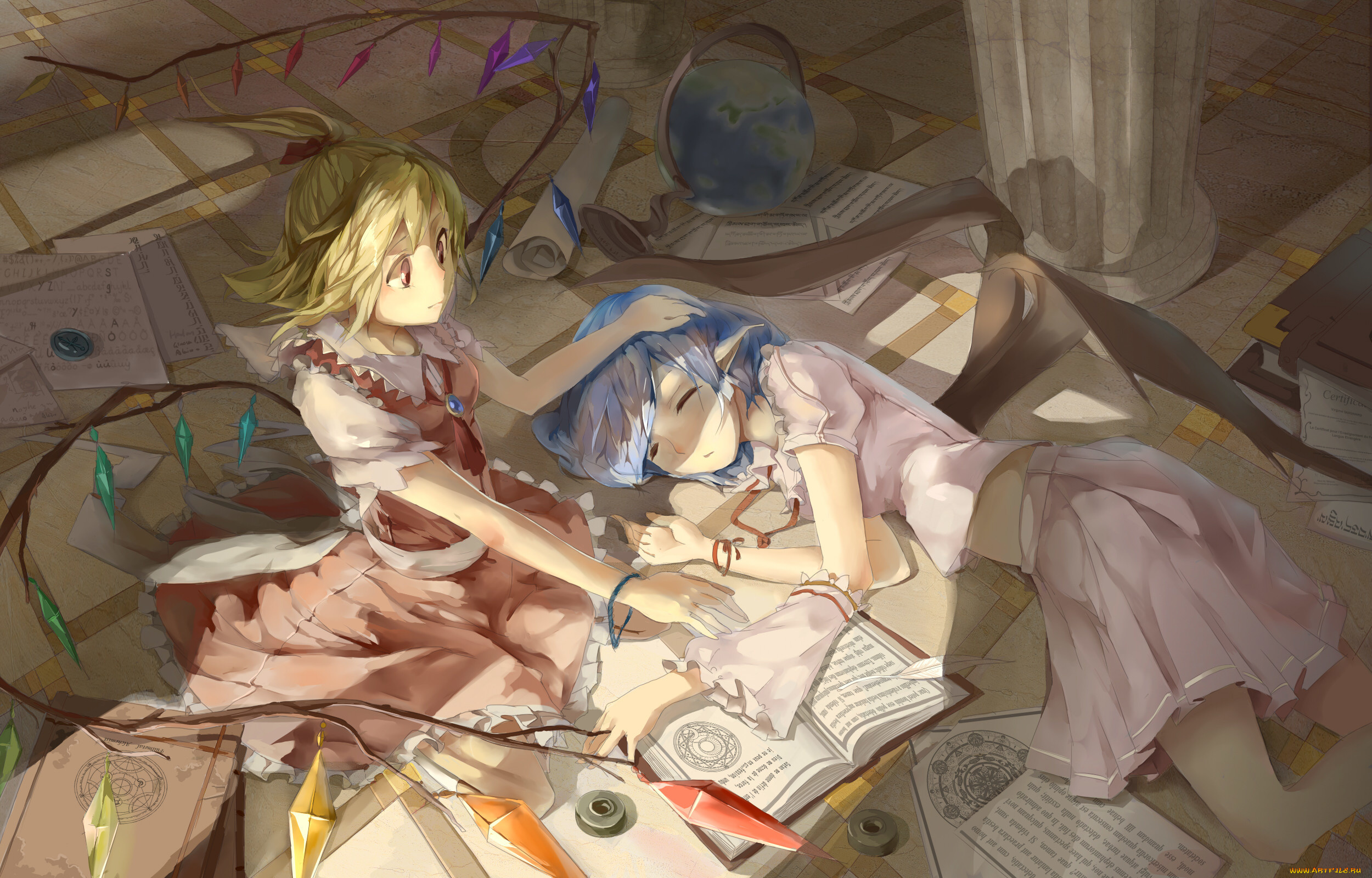 аниме, touhou, арт, дерево, хвост, девушки, shameimaru, aya, inubashiri, momiji, gensou, kuro, usagi