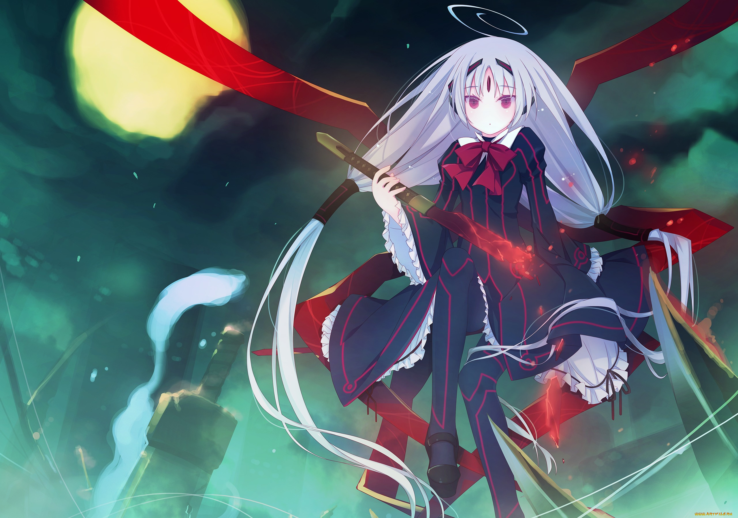 аниме, -halloween, &, magic, french-bread, under, night, in-birth, луна, ночь, ленточка, магия, оружие, удивление, взгляд, vatista, art, девушка