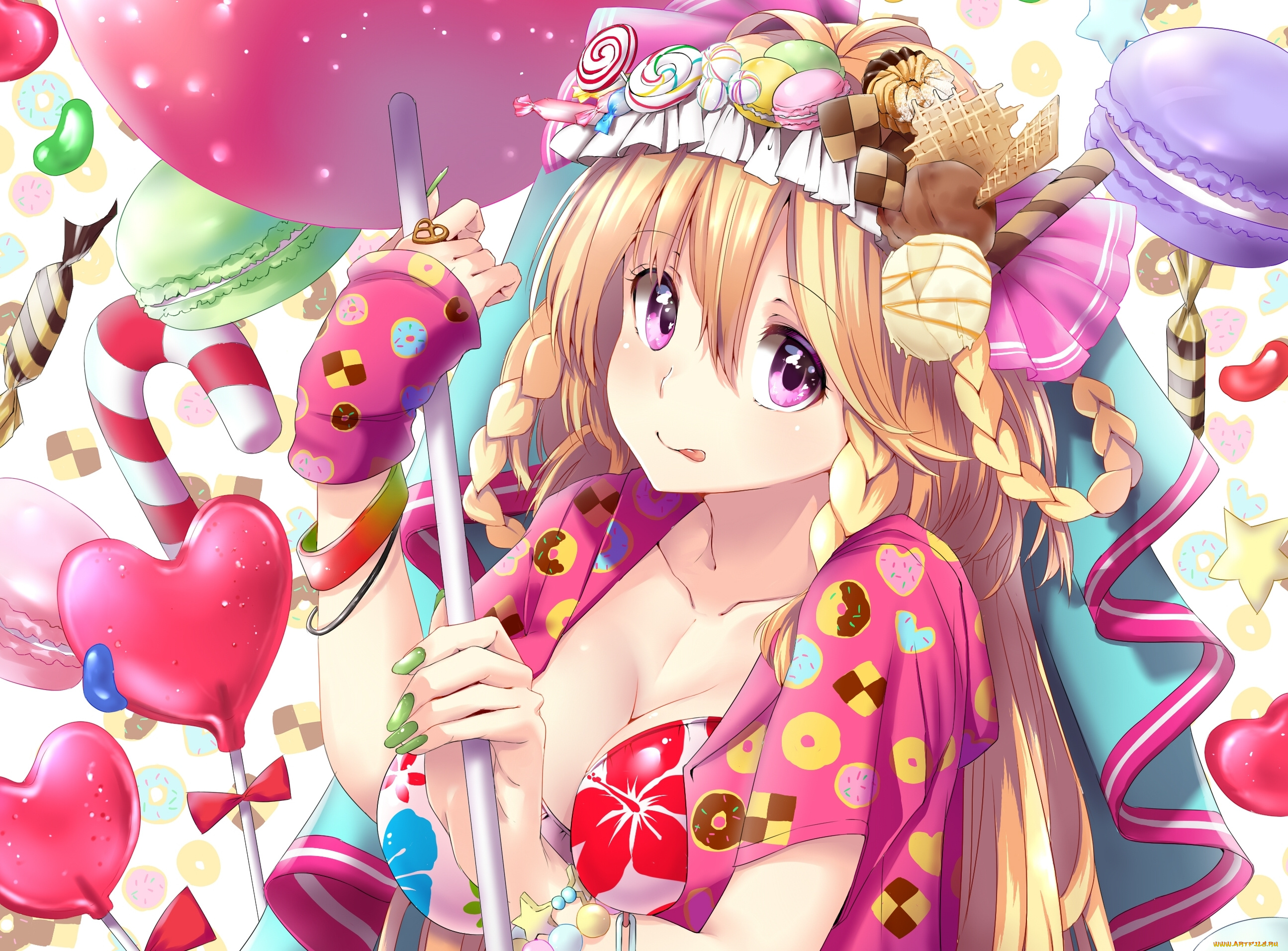 аниме, *unknown, , другое, сладости, девушка, грудь, язык, улыбка, inami, haruka, art, взгляд