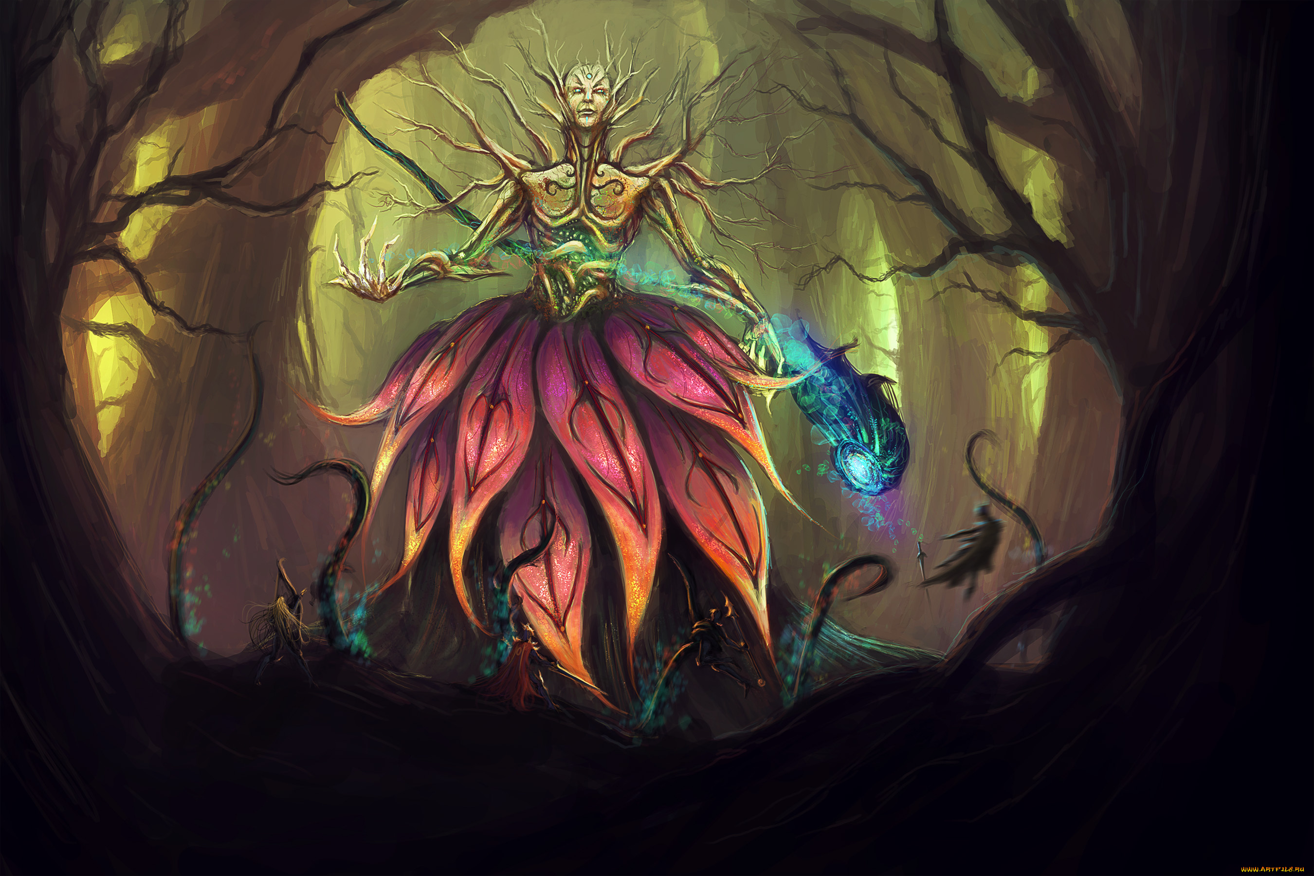 фэнтези, существа, существо, лес, лепестки, магия, деревья