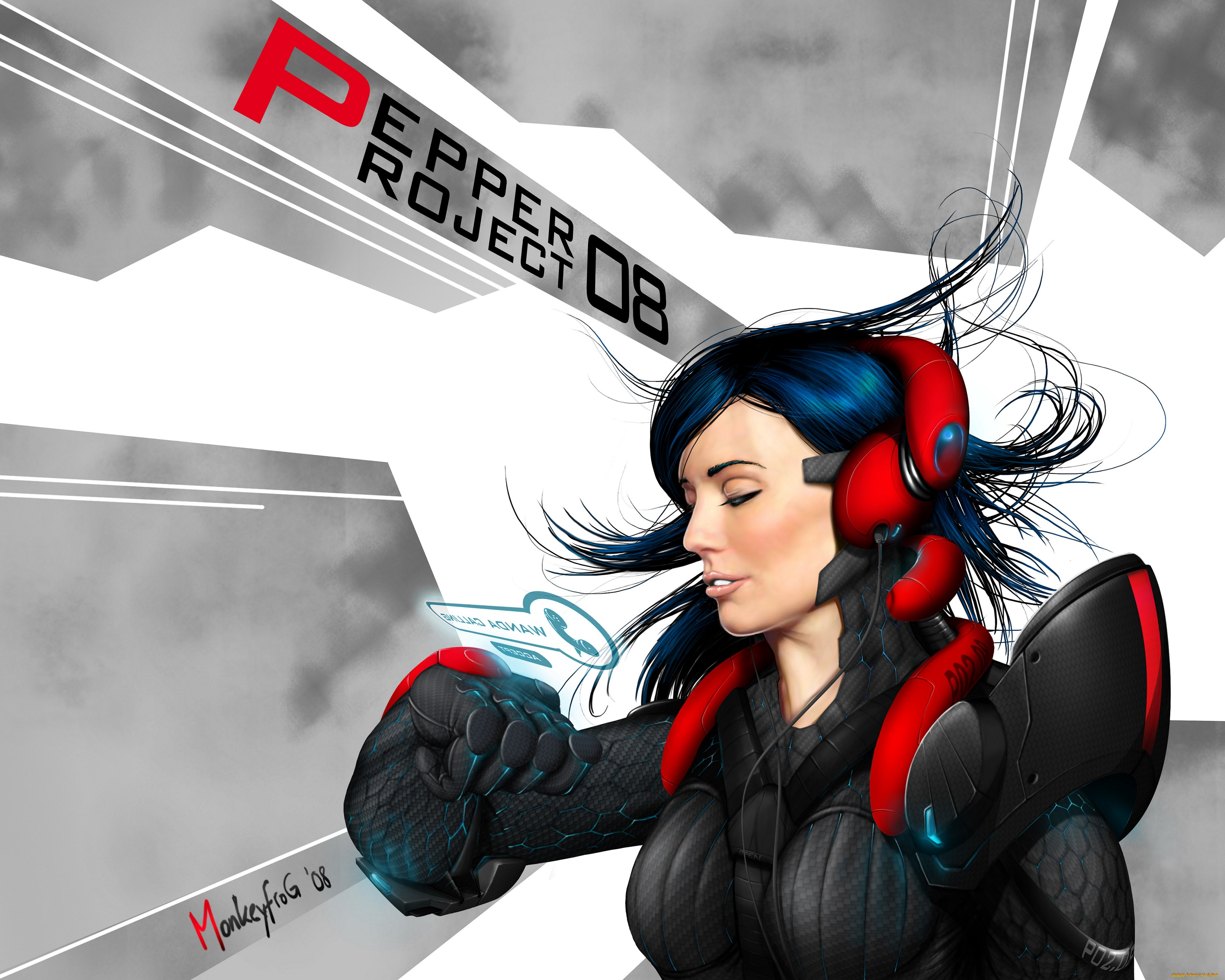 фэнтези, девушки, интерфейс, волосы, костюм, провода, наушники, девушка, pepper, project, арт