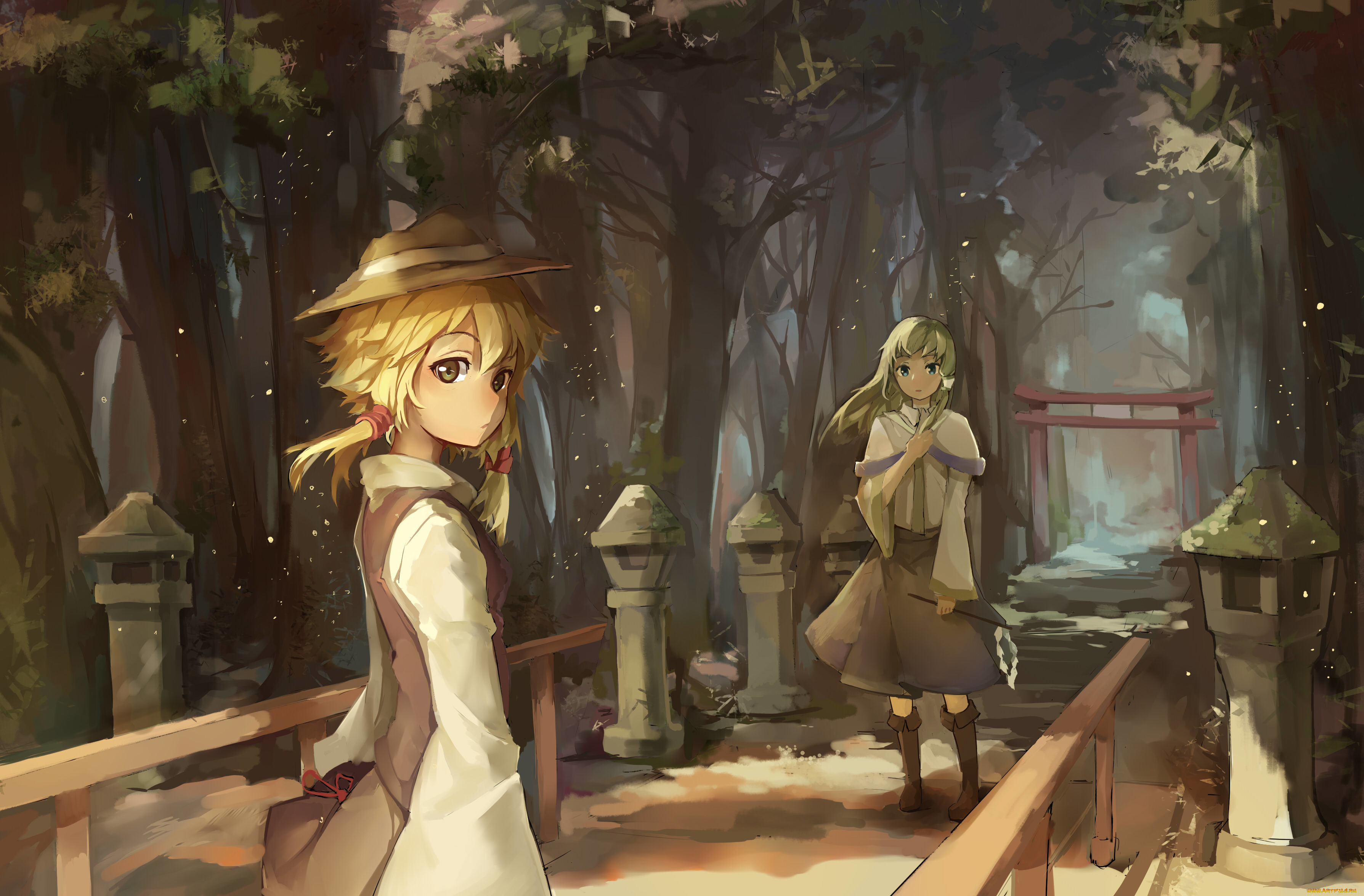 аниме, touhou, gensou, kuro, usagi, арт, деревья, природа, девушки, moriya, suwako, kochiya, sanae