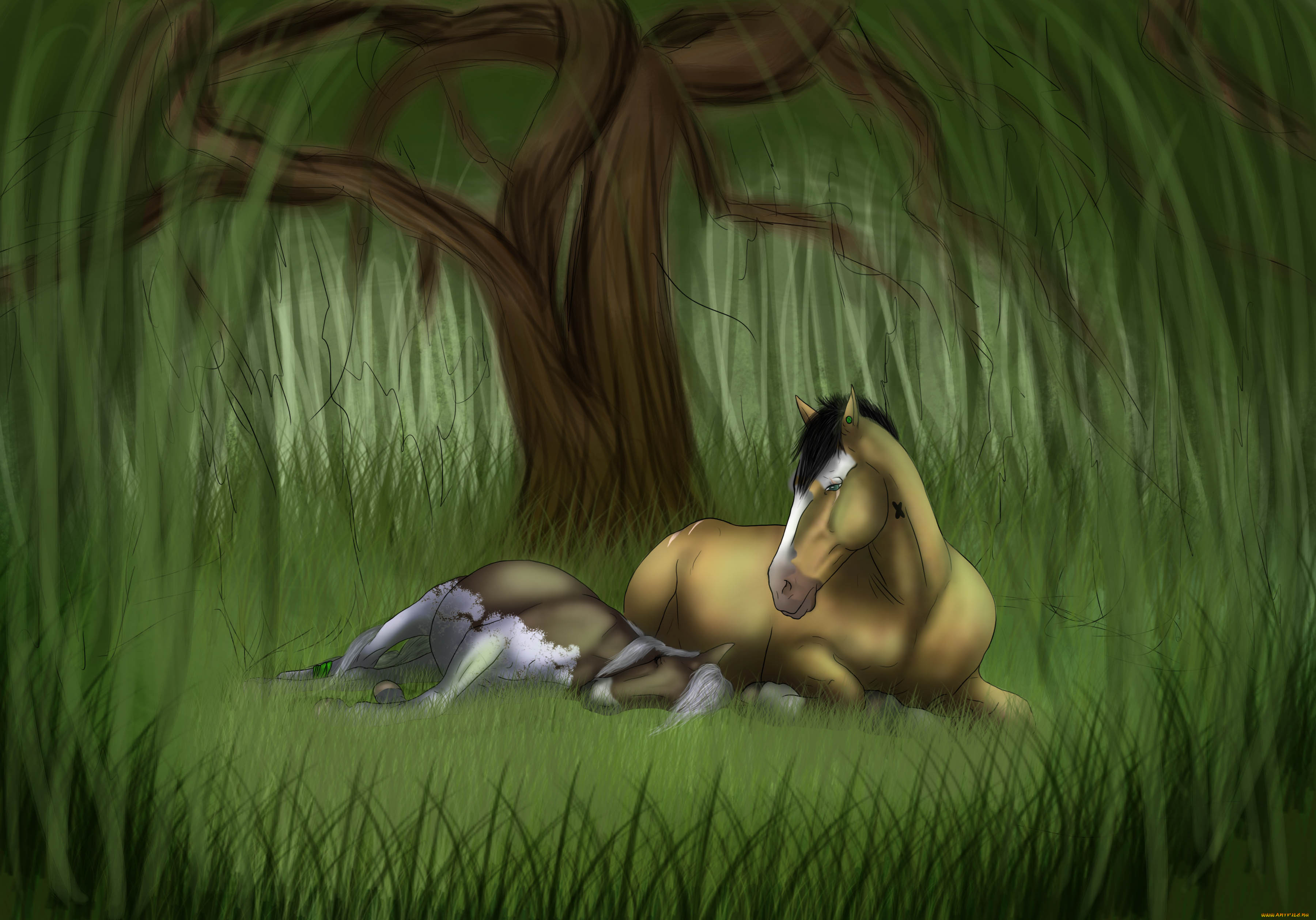 рисованные, животные, , лошади, лес, лошадь