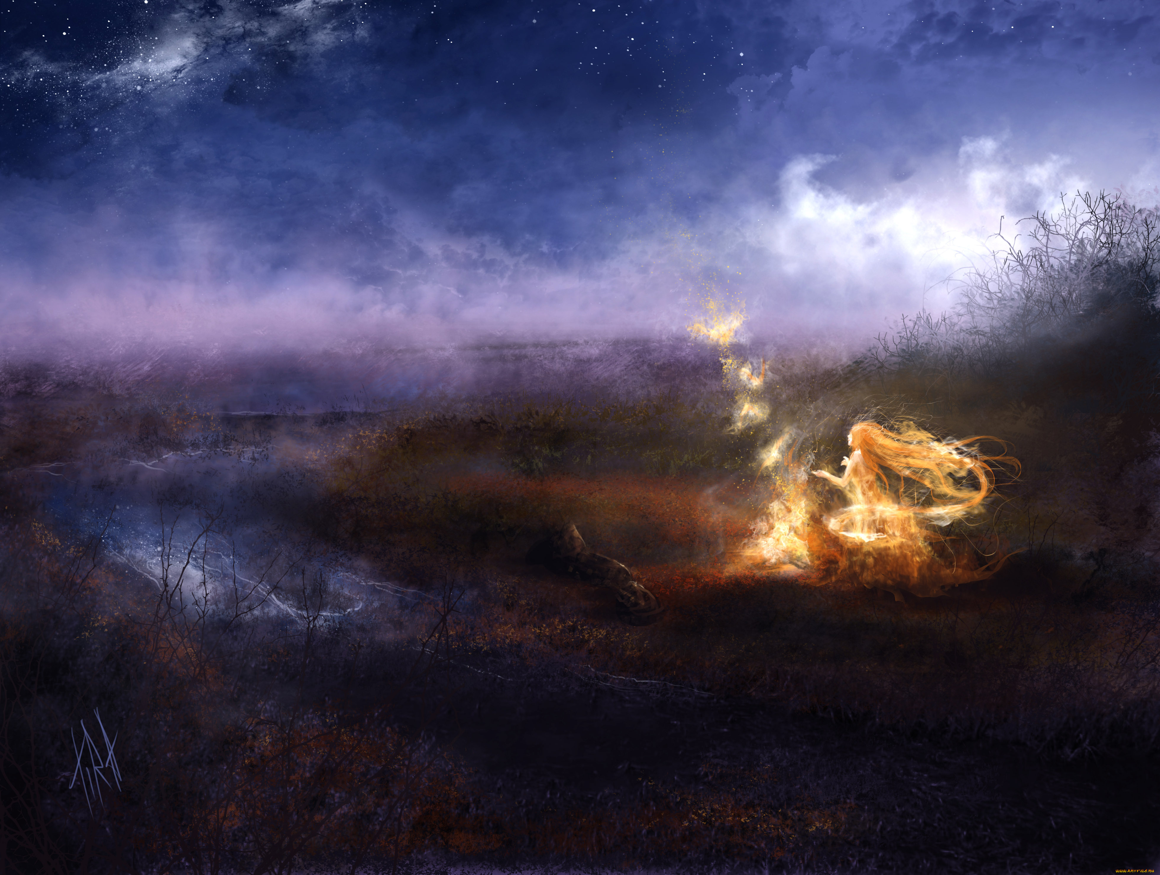 фэнтези, фотоарт, вечер, река, звездное, небо, пламя, магия
