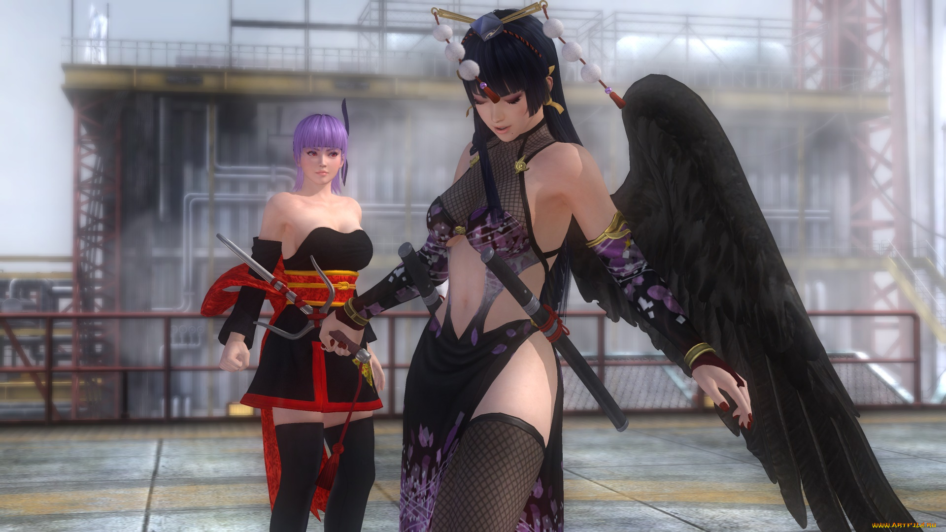 ayane, and, nyotengu, 3д, графика, аниме, , anime, взгляд, девушки, фон