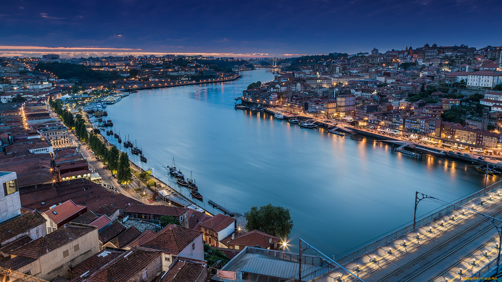 porto, города, -, огни, ночного, города, ночь, огни, река