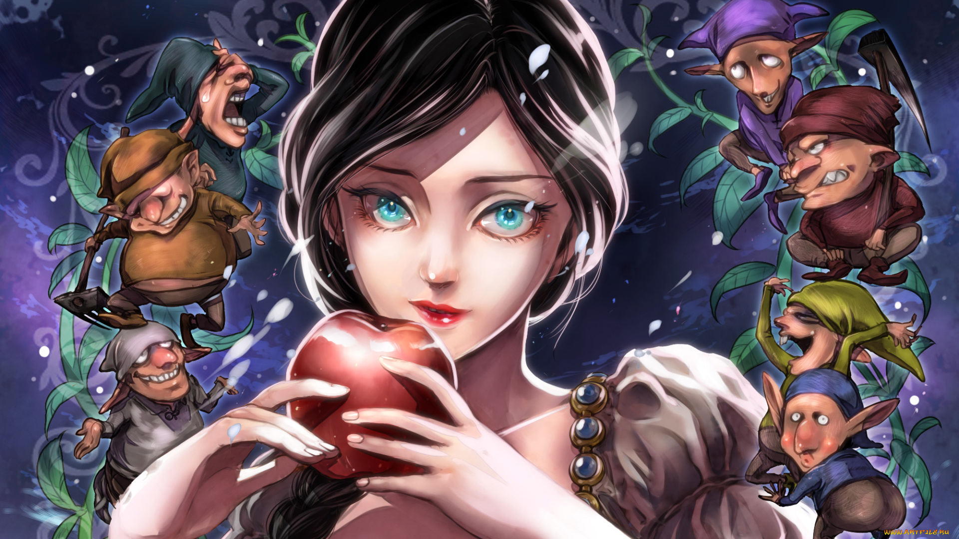 рисованное, кино, гномы, арт, яблоко, белоснежка