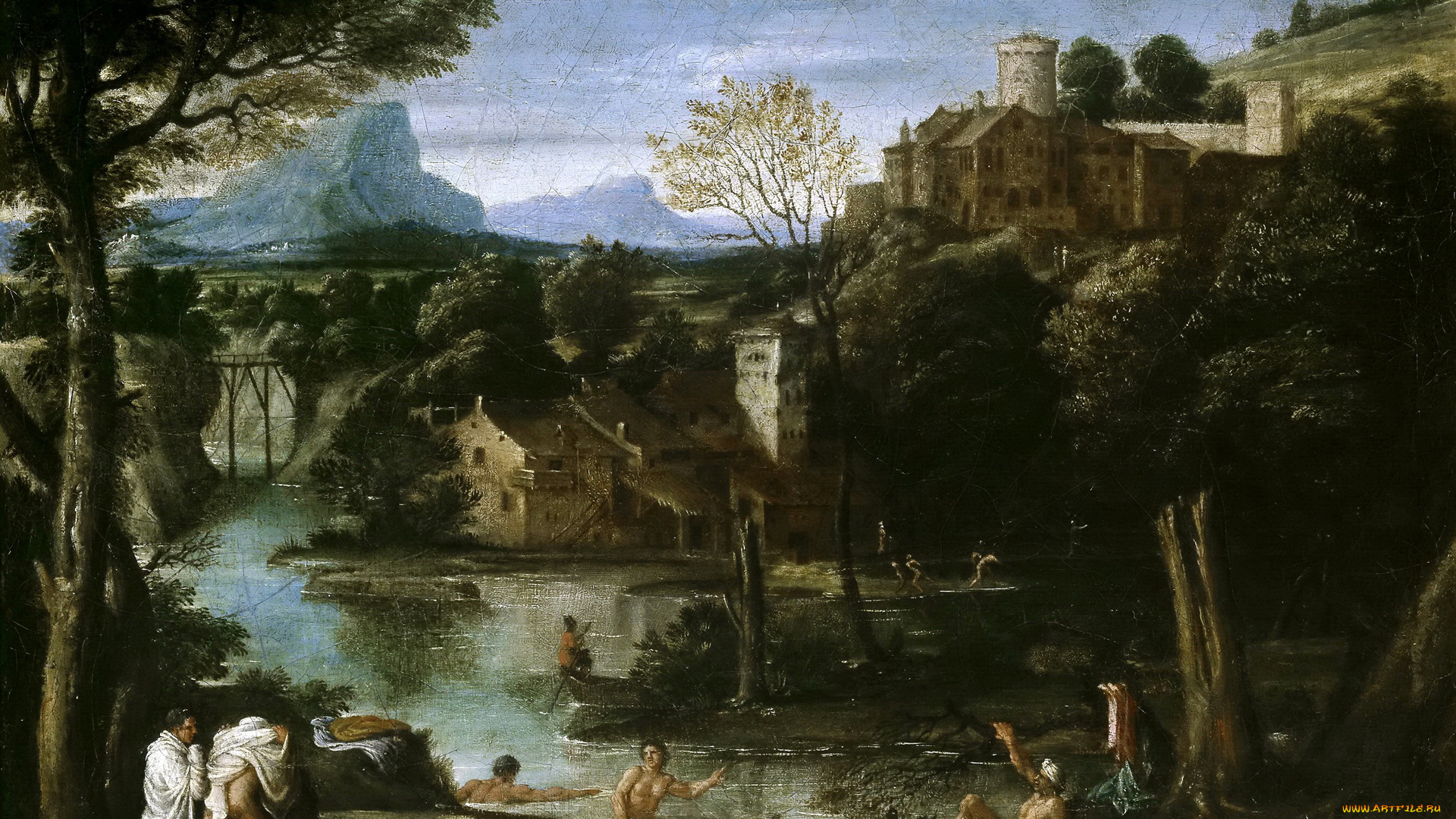 рисованное, живопись, агостино, карраччи, пейзаж, с, купальщиками, картина, озеро, горы, деревья, люди