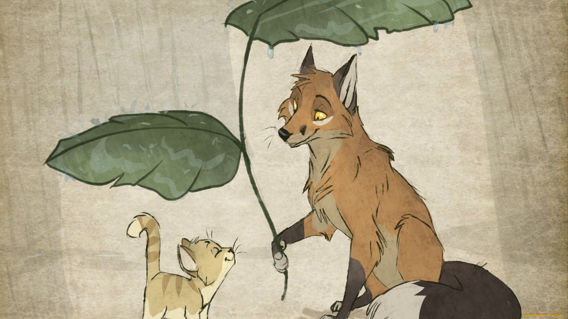 рисованное, животные, кот, лис