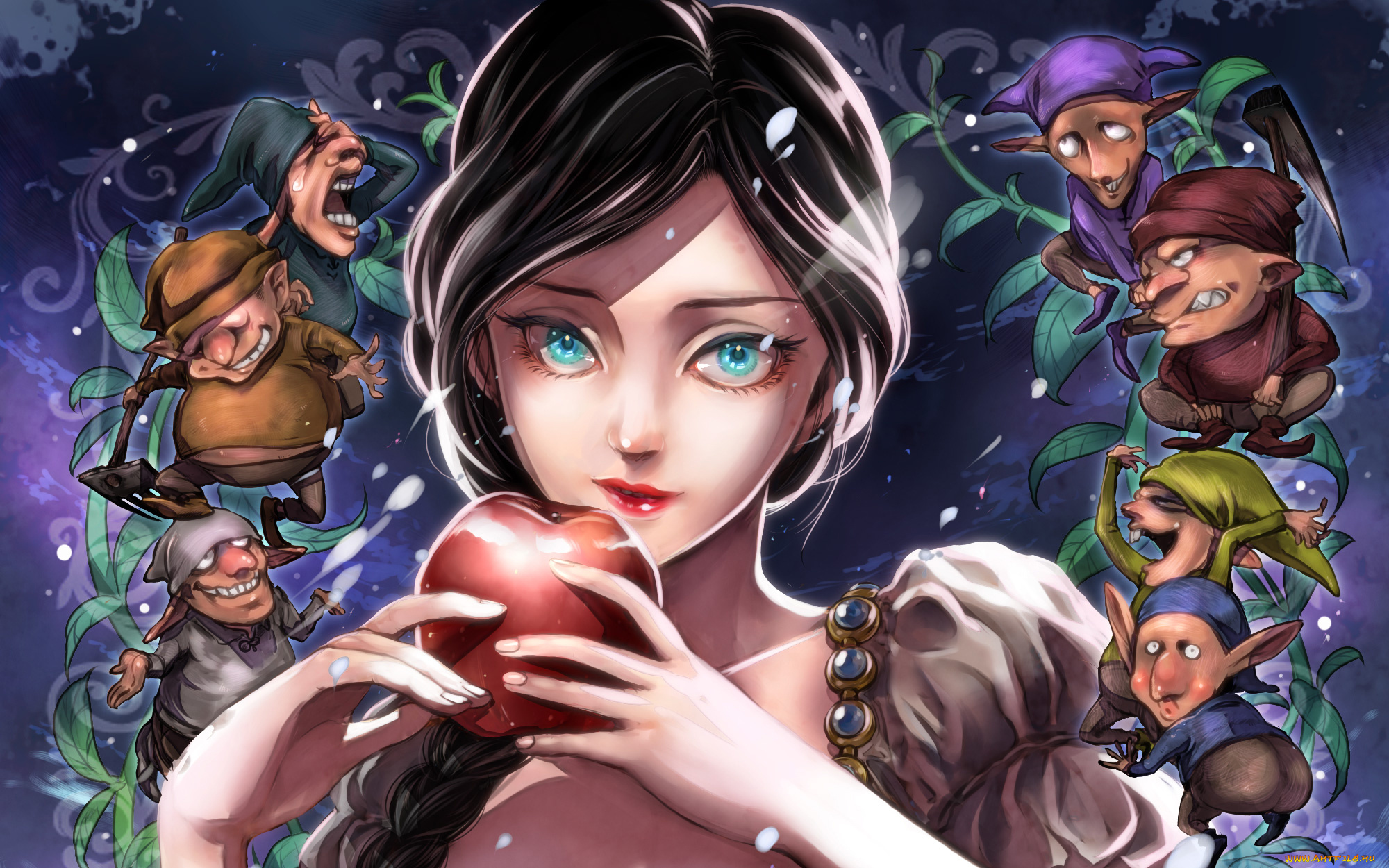 рисованное, кино, гномы, арт, яблоко, белоснежка